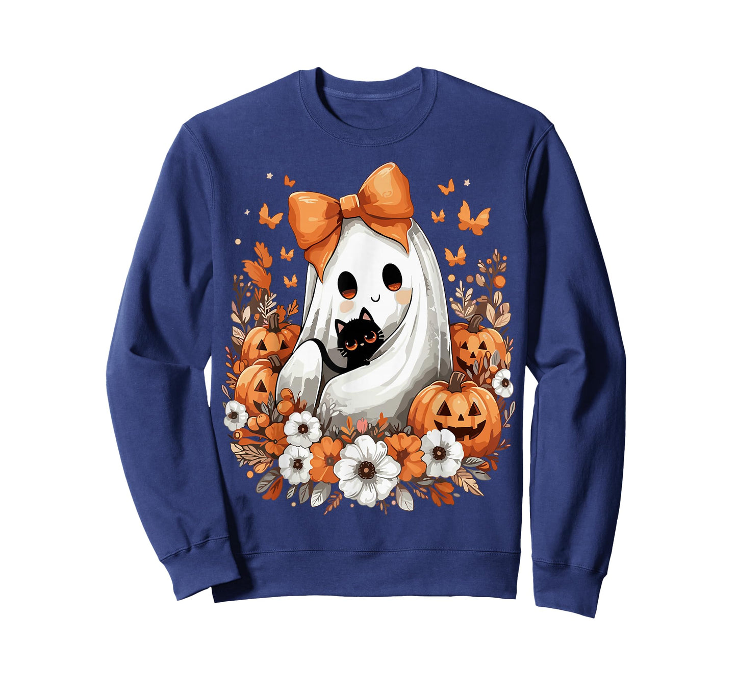 Halloween Vintage Ghost with Black Cat Pumpkin Flowers T-Shirt