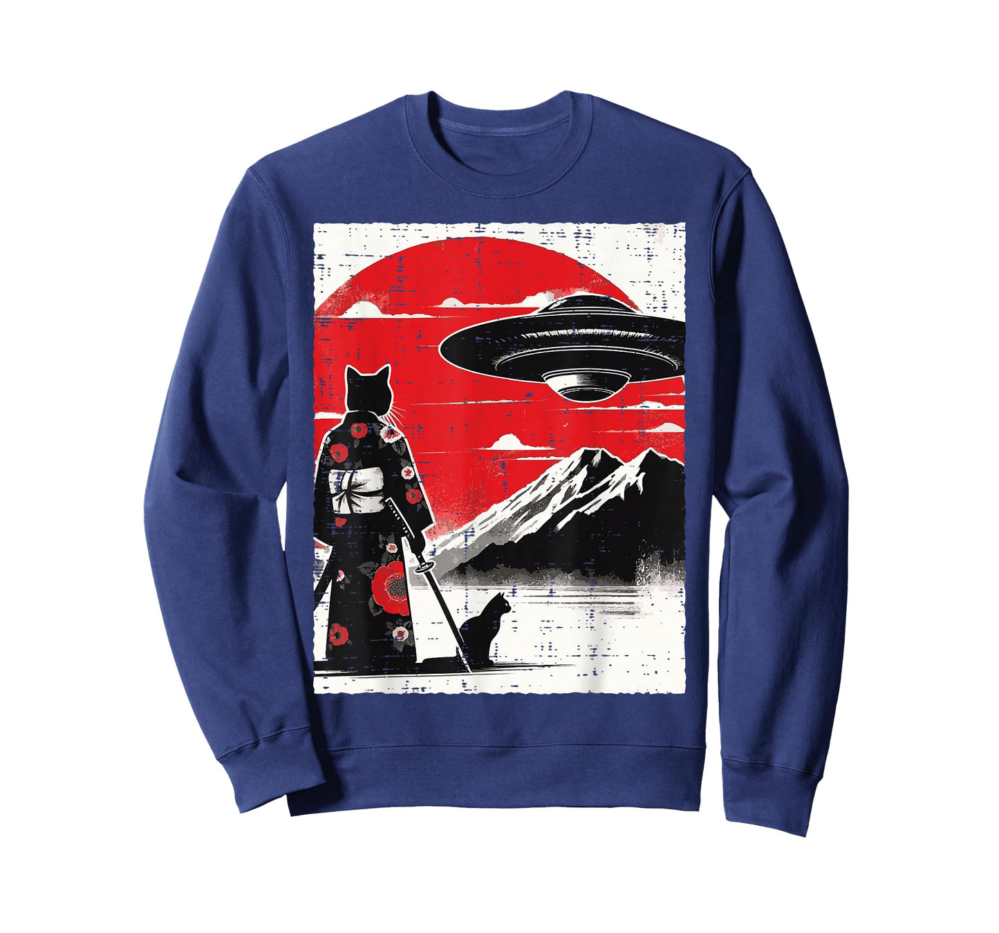 Japanese Cat Kimono UFO Red Sun Samurai Art Men Women Kids T-Shirt