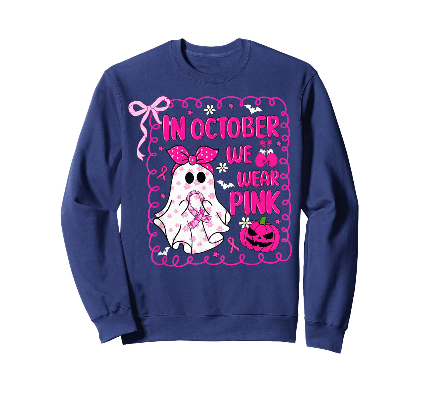 in October We Wear Pink Bow Ghost Breast Cancer Awareness T-Shirt