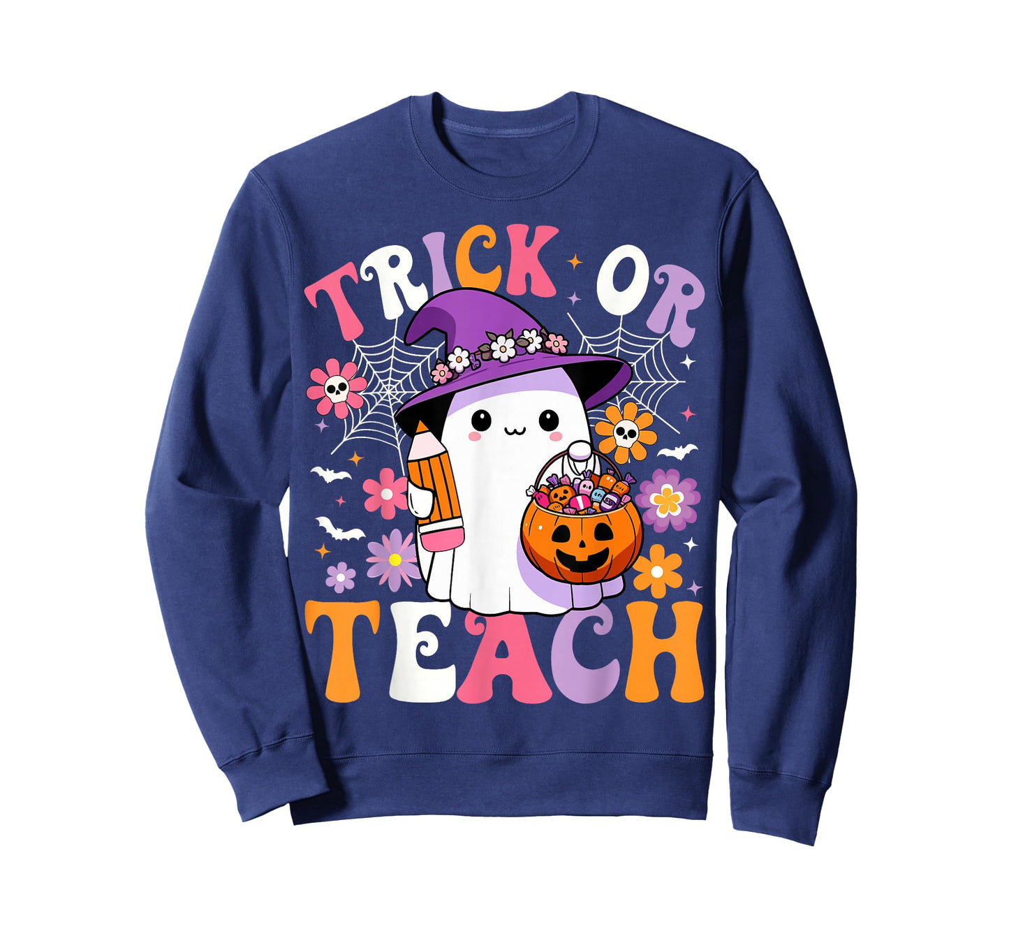 Trick Or Teach Groovy Teacher Ghost Funny Halloween Teacher T-Shirt