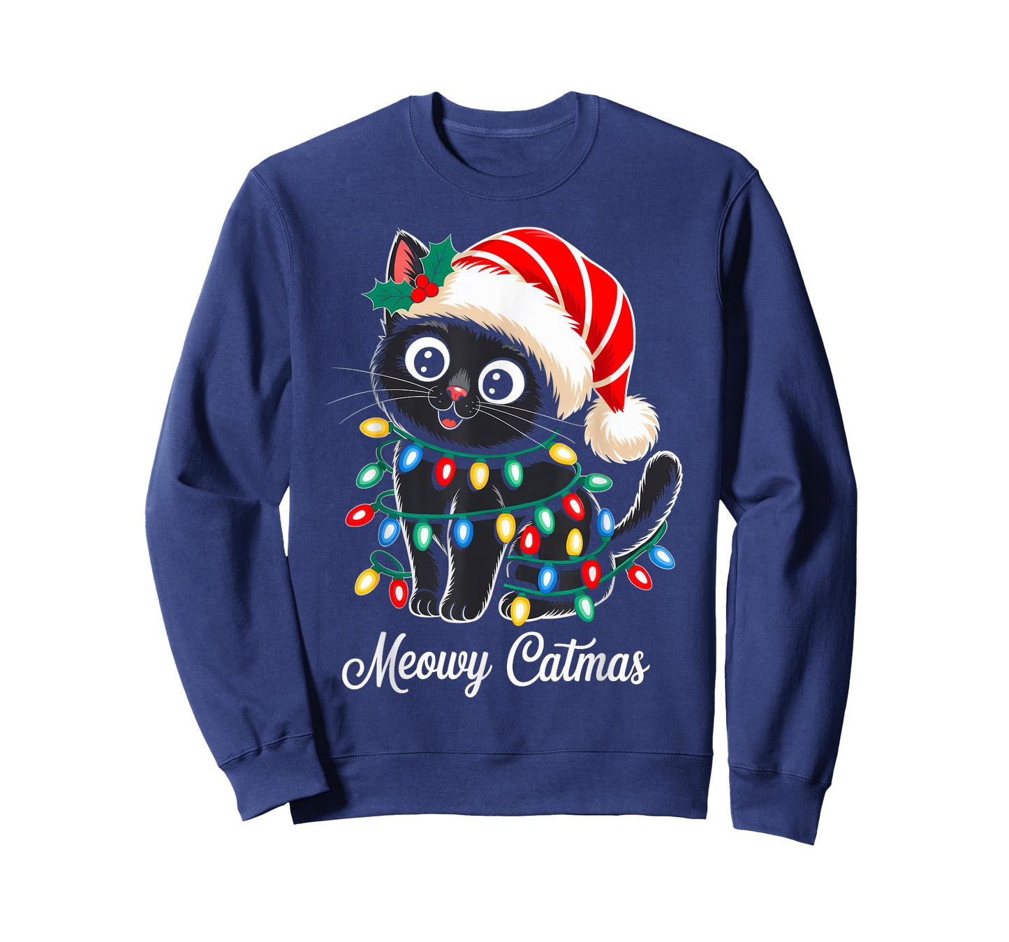 Cute Black Cat Christmas Lights Santa Hat Xmas Meowy Catmas T-Shirt