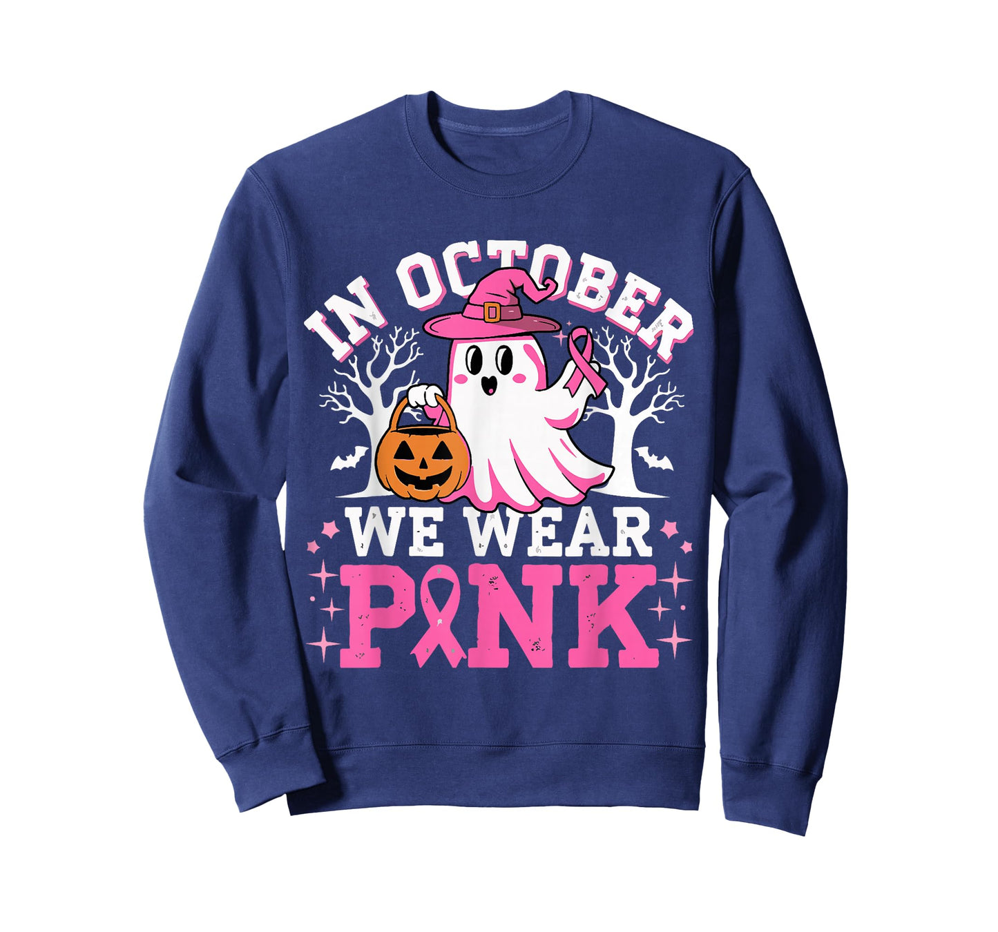 In October We Wear Pink Witch Ghost Halloween Breast Cancer T-Shirt