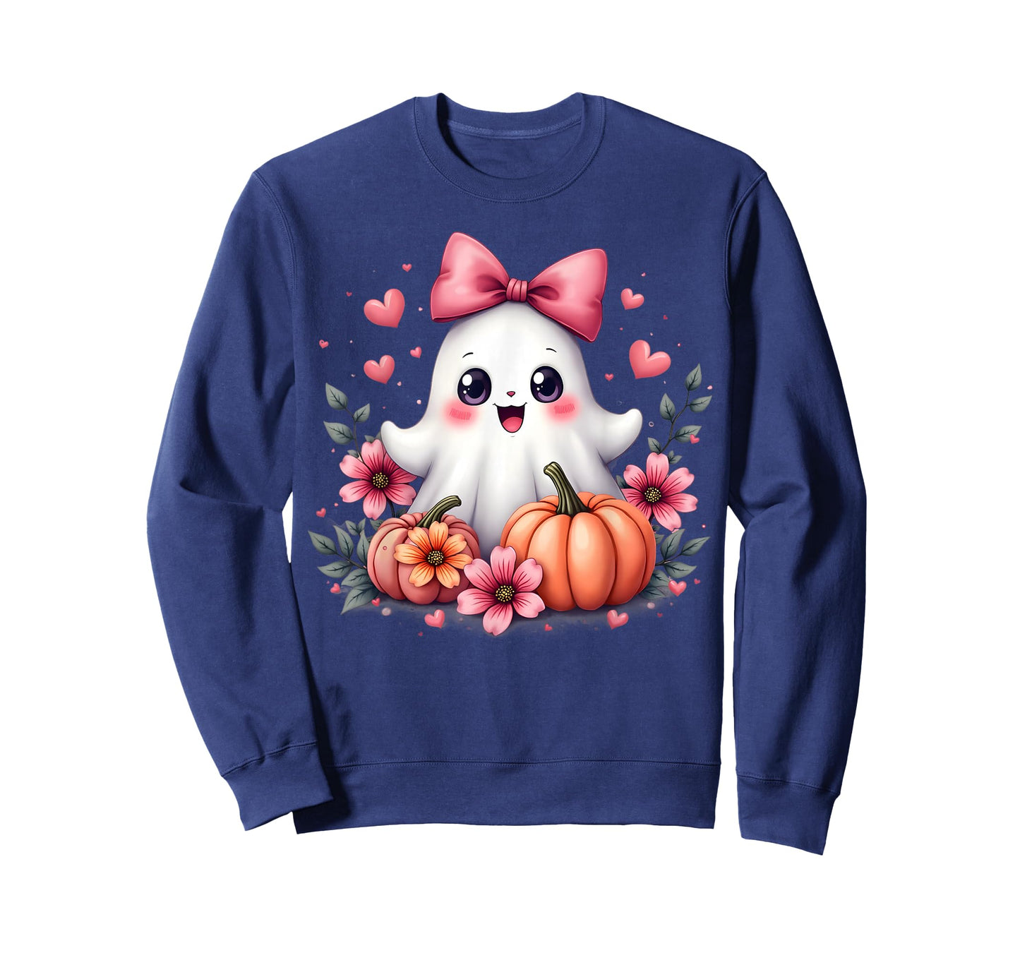Cute Kawaii Ghost with Pink Bow Halloween Pumpkin Flowers T-Shirt