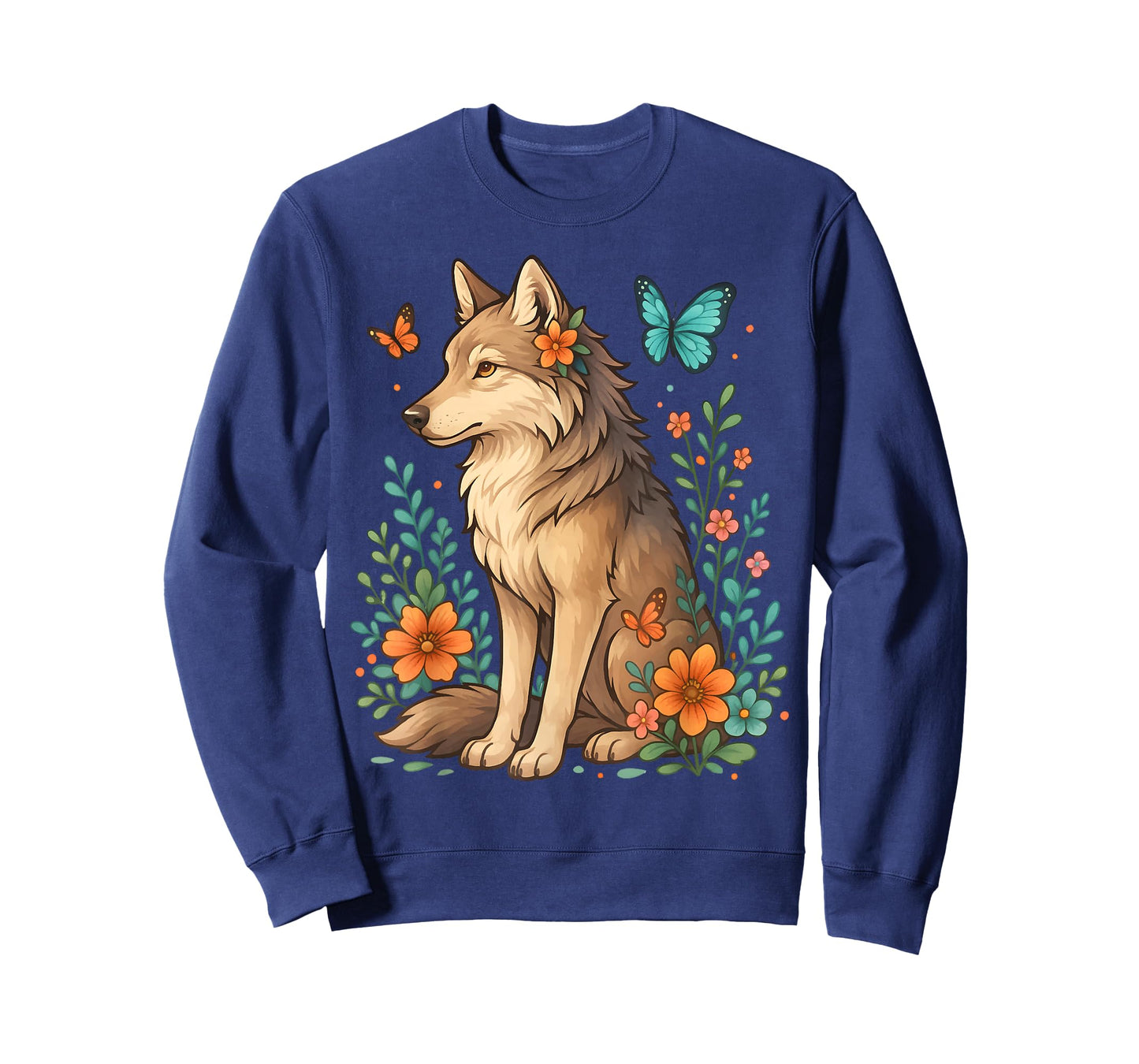Floral Wolf With Butterflies Mystical Forest Nature Lovers T-Shirt