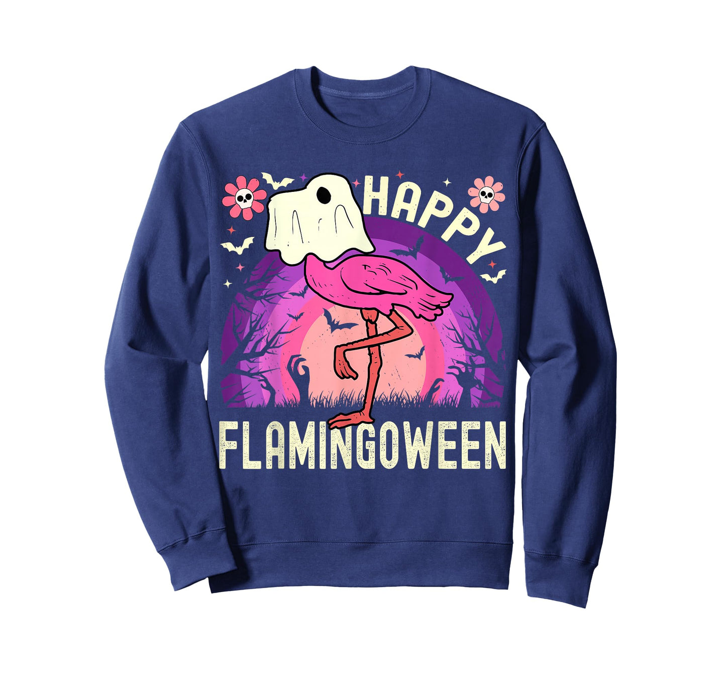 Happy Flamingoween Funny Flamingo Ghost Retro Halloween T-Shirt
