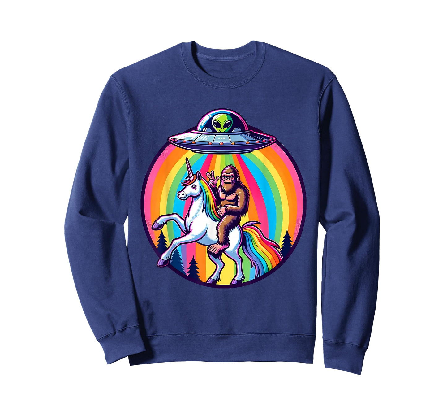Bigfoot riding a Unicorn beamed up by a UFO, Alien, Cryptid T-Shirt