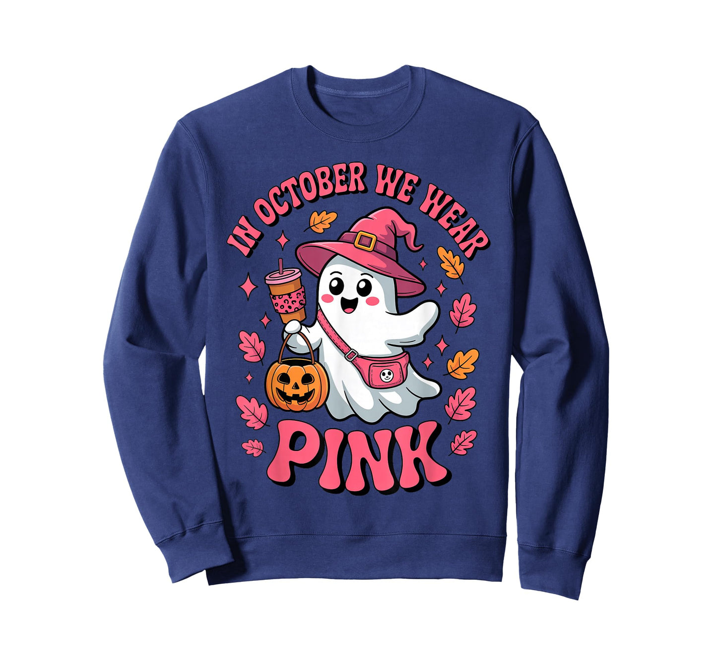 in October We Wear Pink Cute Ghost Halloween Drinking Coffee T-Shirt