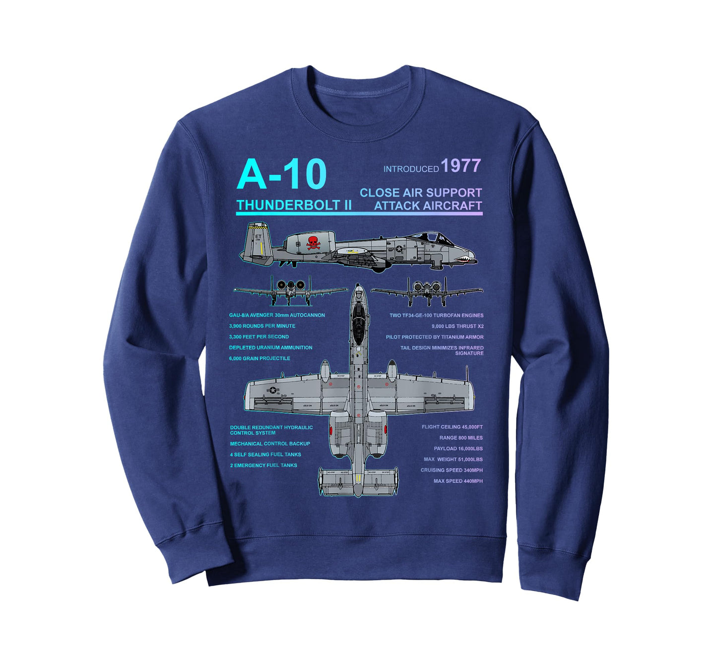 Dinosaurus Rekx A-10 Thunderbolt II Warthog Military Jet Blueprint T-Shirt, Small, Black