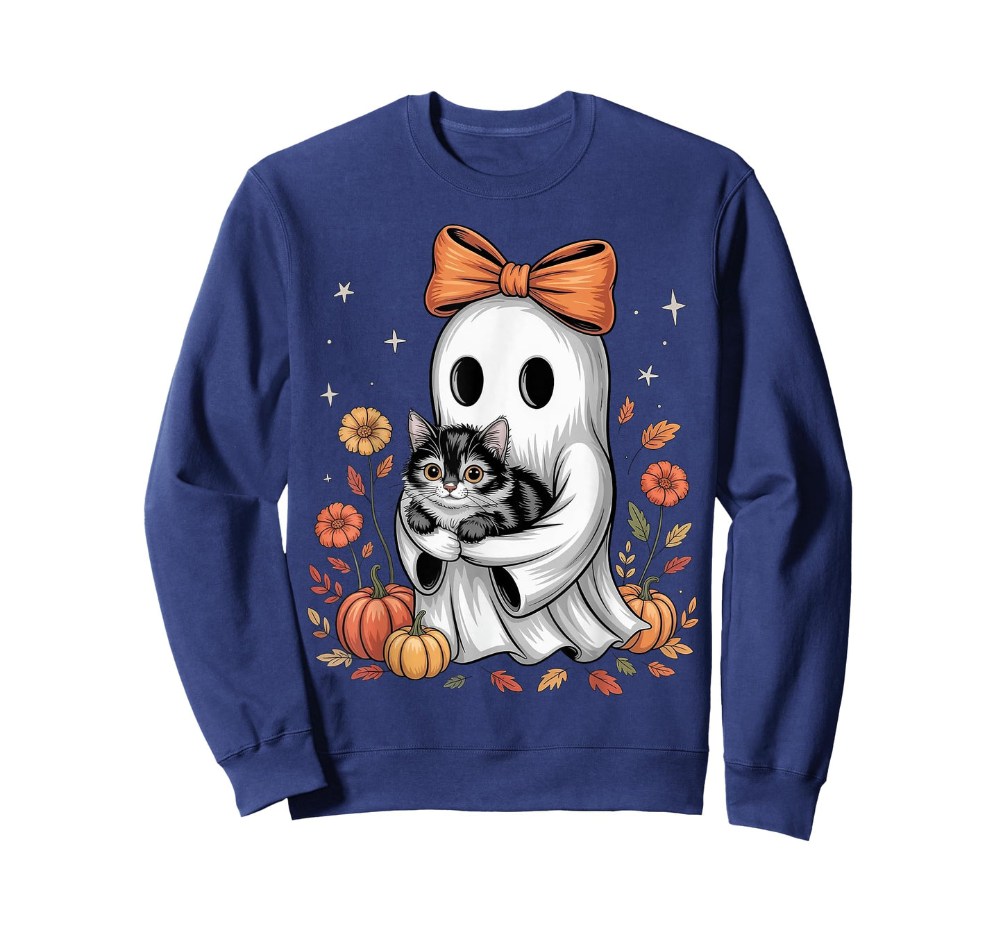 Vintage Halloween Ghost Cat Floral Pumpkin Cat Lover Kitten T-Shirt
