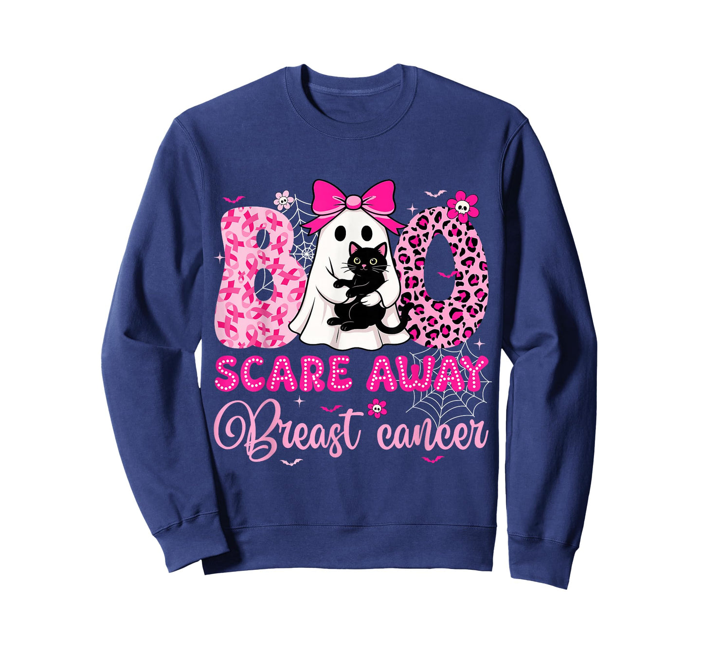 Boo Scare Away Breast Cancer Bow Cat Ghost Halloween Costume T-Shirt