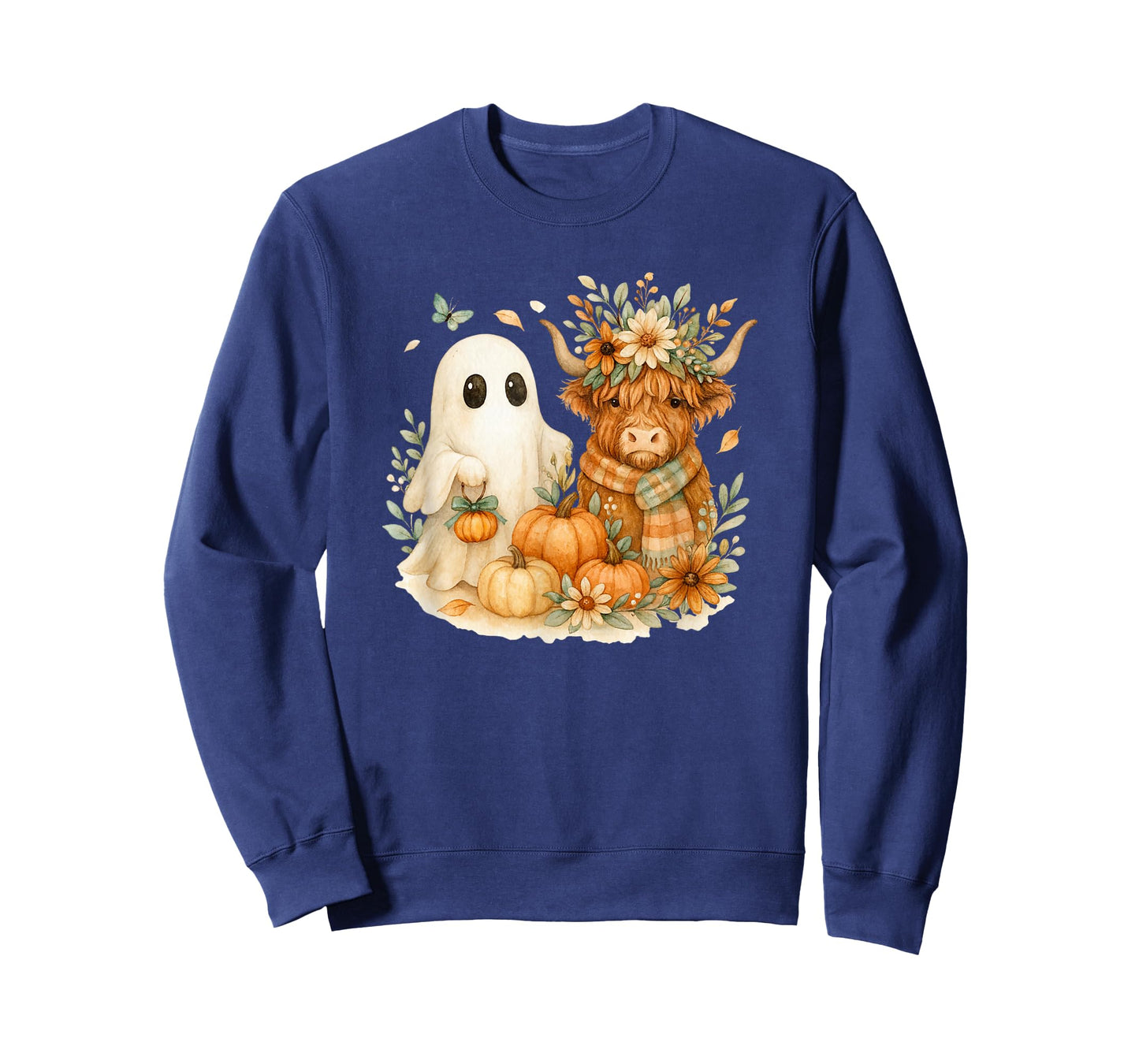 Highland Cow & Ghost Pumpkin Patch Watercolor Halloween T-Shirt