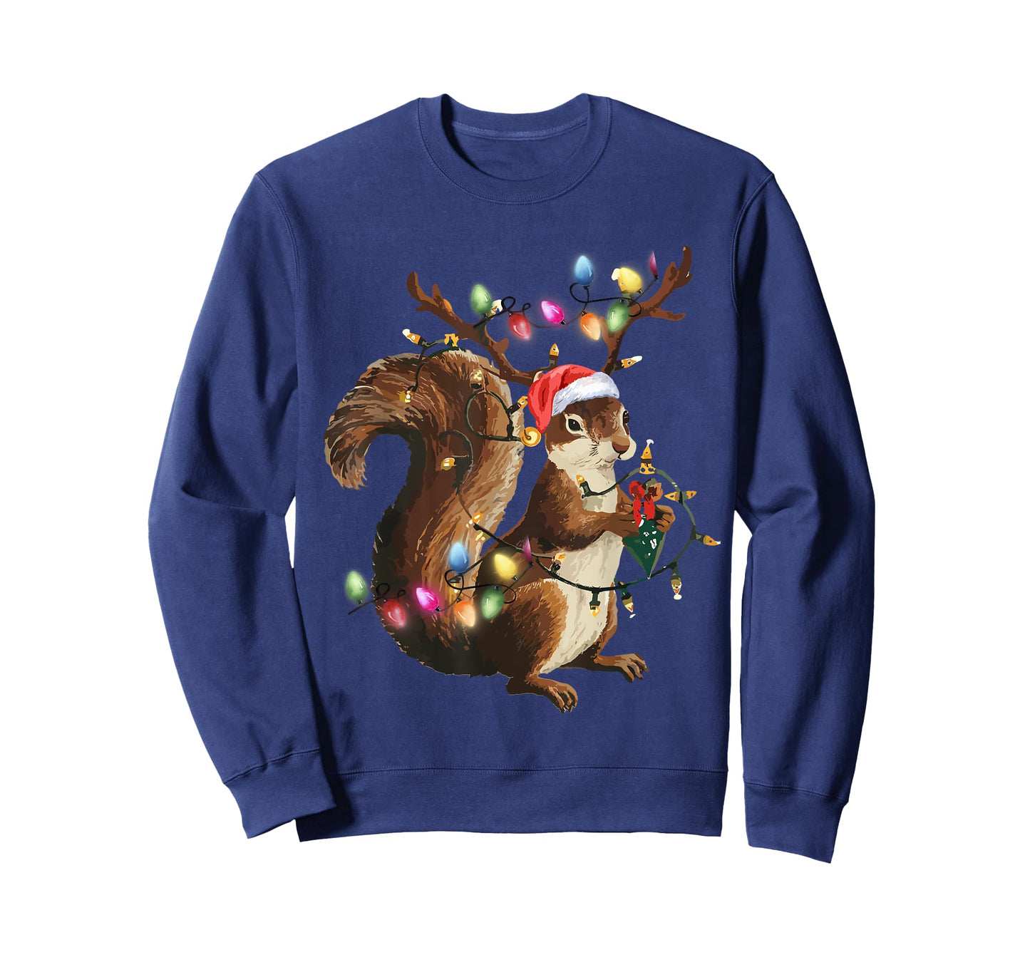 Funny Squirrel Christmas Tree Lights Reindeer Santa Hat Xmas T-Shirt