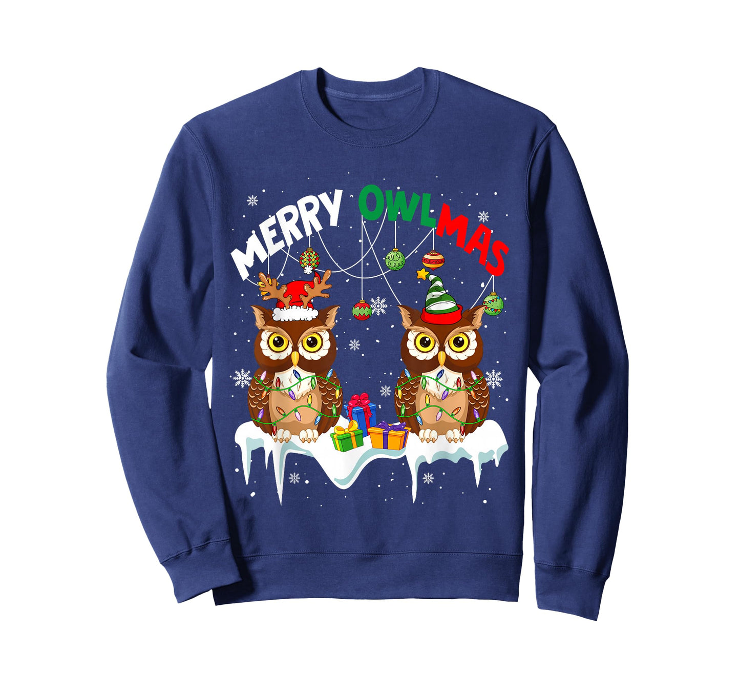 Merry Owlmas Two Santa Elf Owls Bird Lover Family Kids T-Shirt