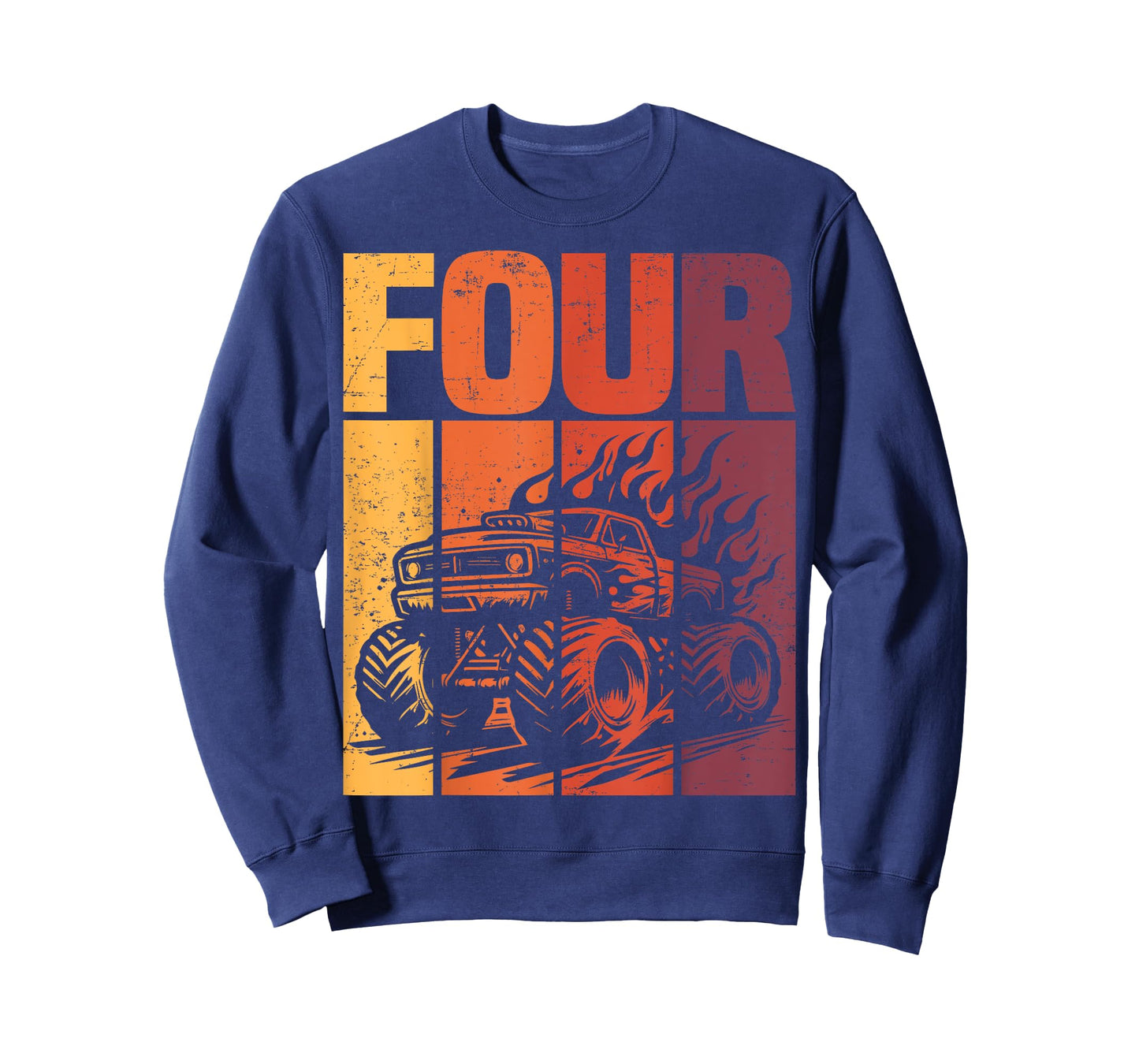 Retro Monster Truck 4th Birthday Boy Four Year Old Kids Bday T-Shirt