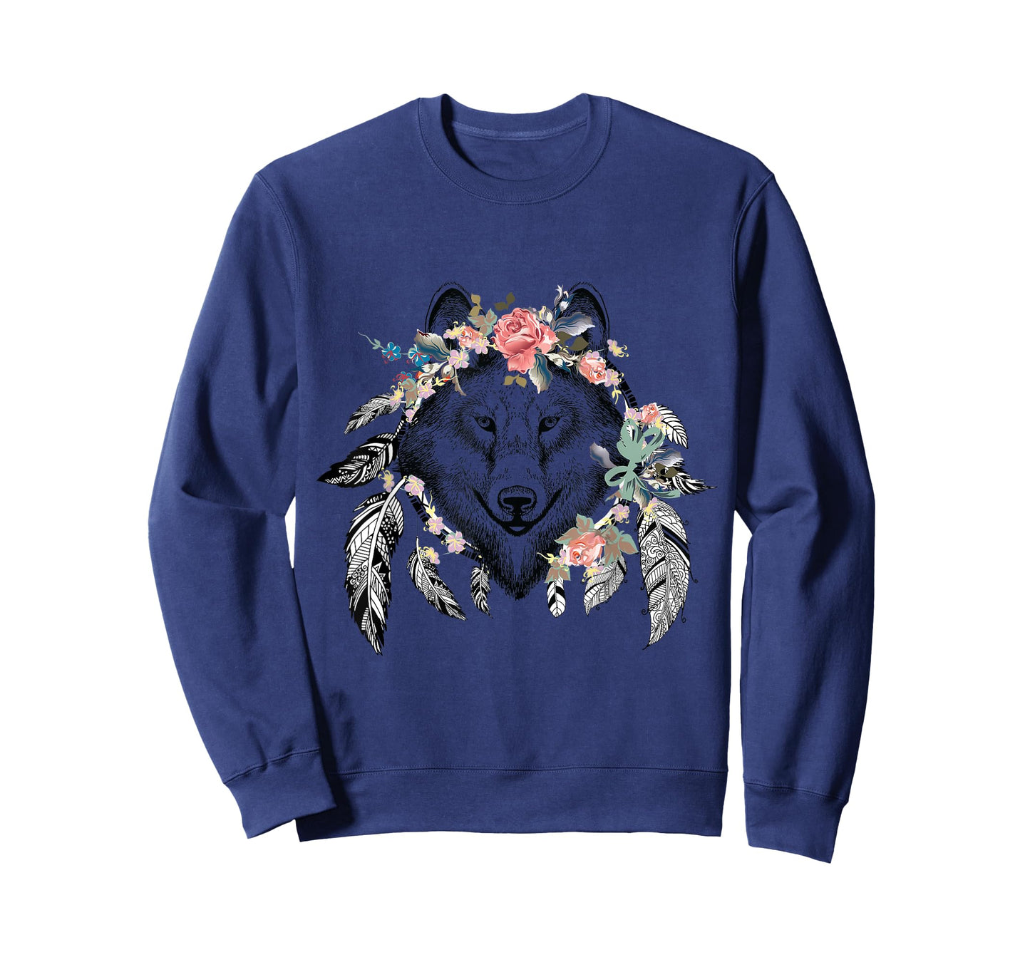 Ethnic Tribal Wolf Head Boho Feather Native American Hippie T-Shirt