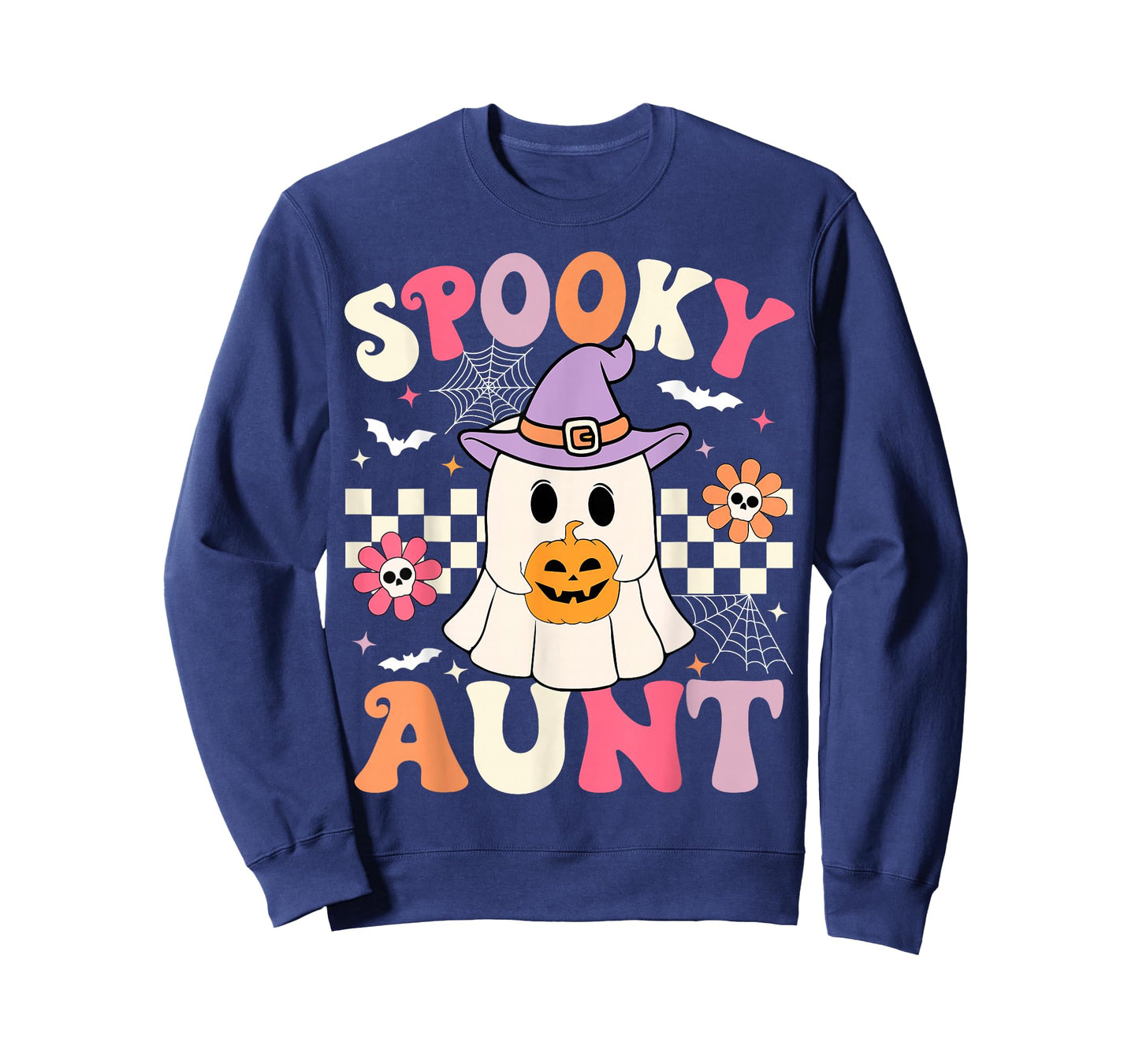 Groovy Spooky Aunt Ghost Holding Pumpkin Halloween Aunt T-Shirt