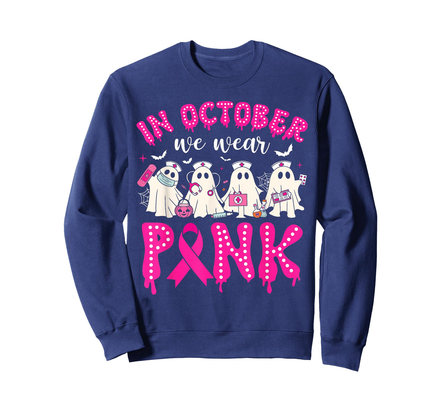 in October We Wear Pink Ribbon Ghost Nurse Halloween Women T-Shirt