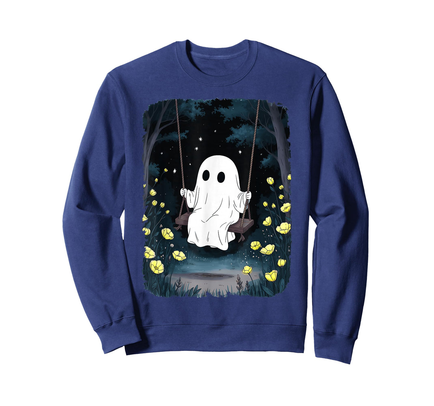Vintage Ghost Swinging in Forest Night Halloween Floral T-Shirt
