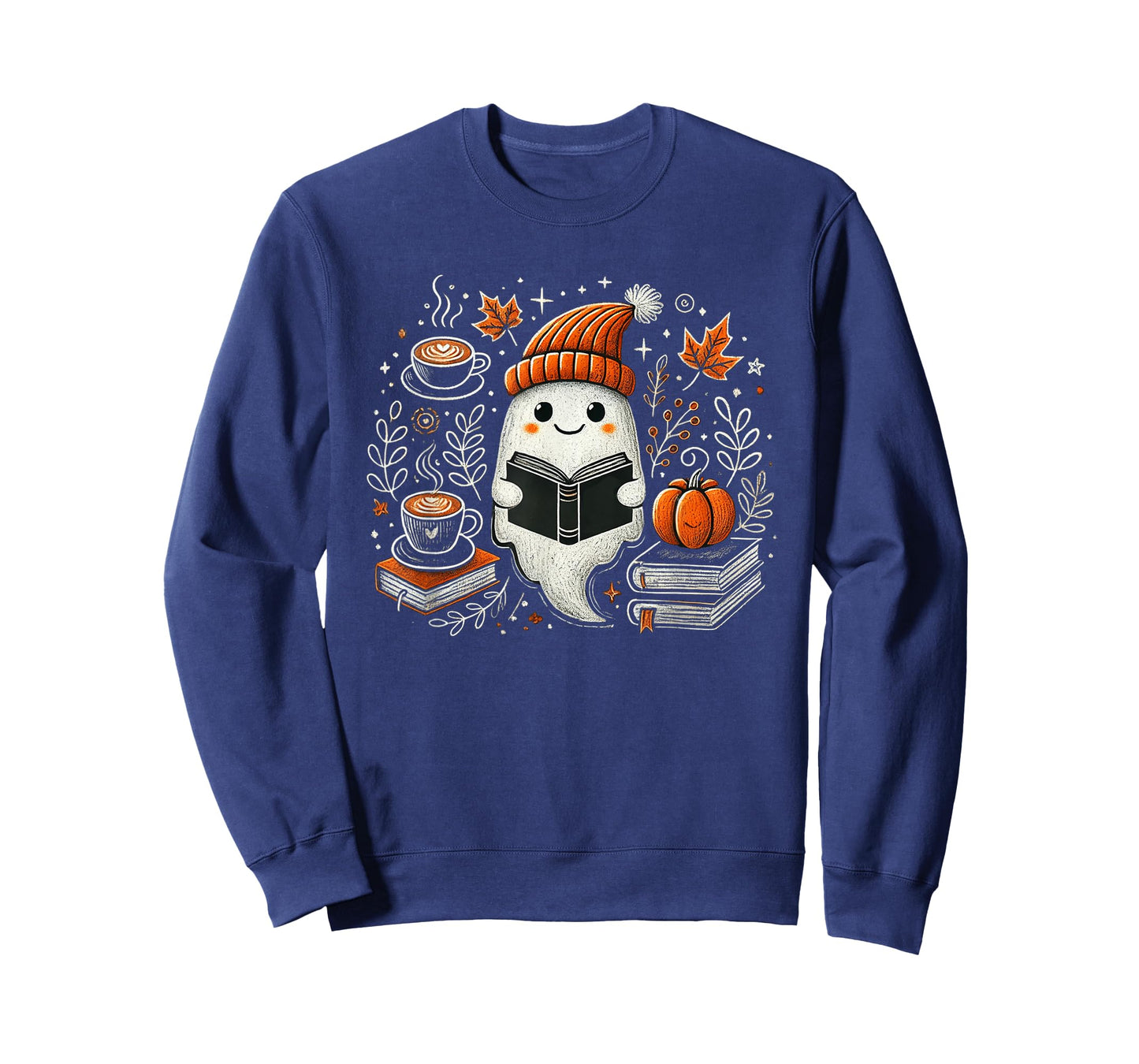 Ghost Reading Book Pumpkin Coffee Autumn Leaves Fall Spirit T-Shirt