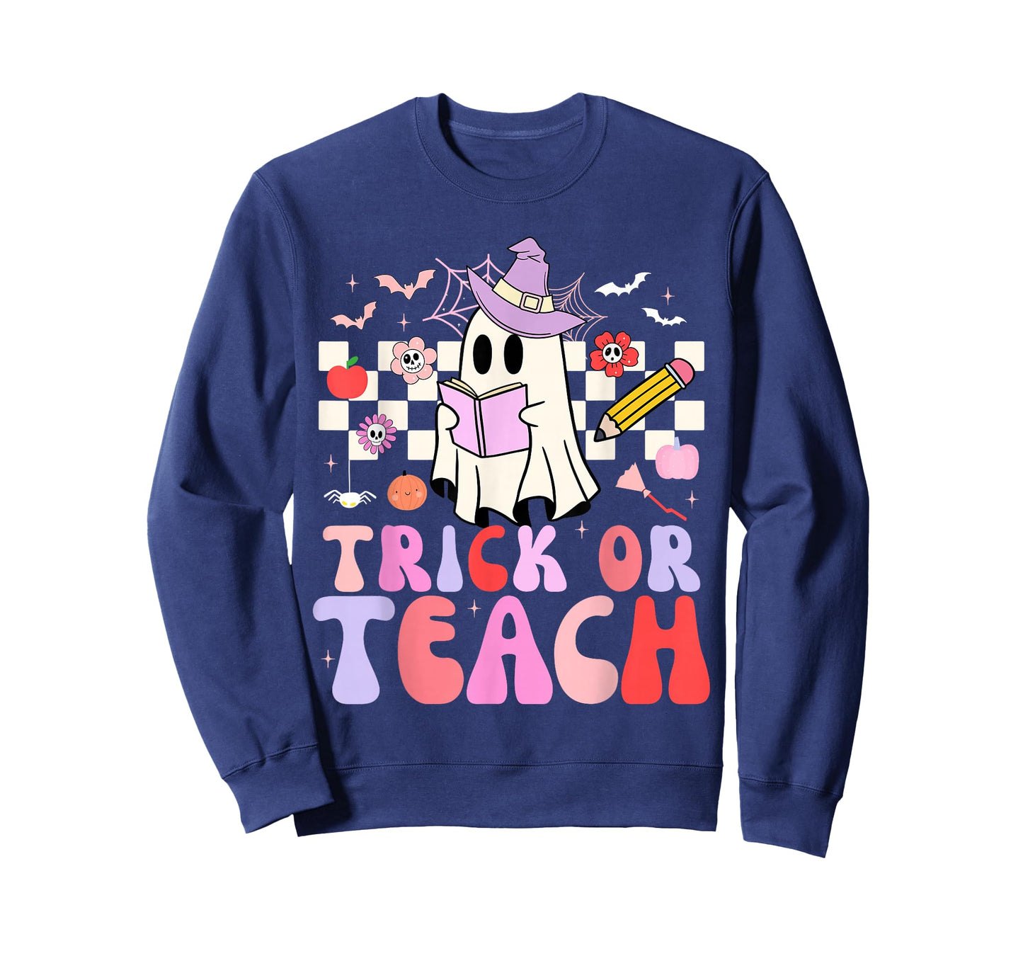 Trick Or Teach Groovy Teacher Halloween Retro Floral Ghost T-Shirt