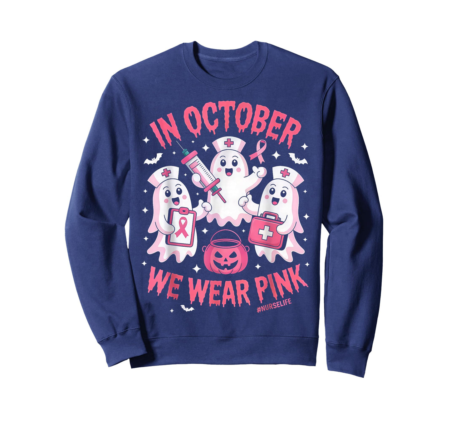 in October We Wear Pink Nurse Ghost Halloween Breast Cancer T-Shirt