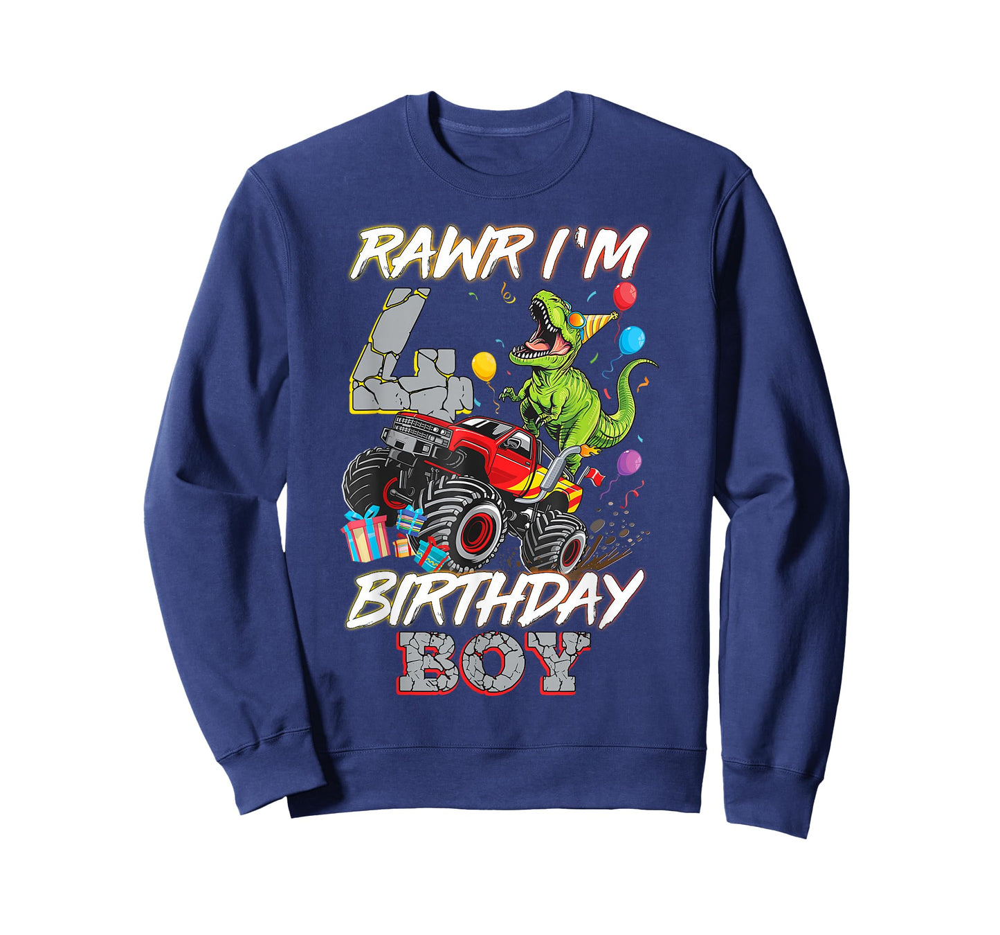 4th Birthday Boy Monster Truck Dinosaur Rawr I'm 4 Year Old T-Shirt