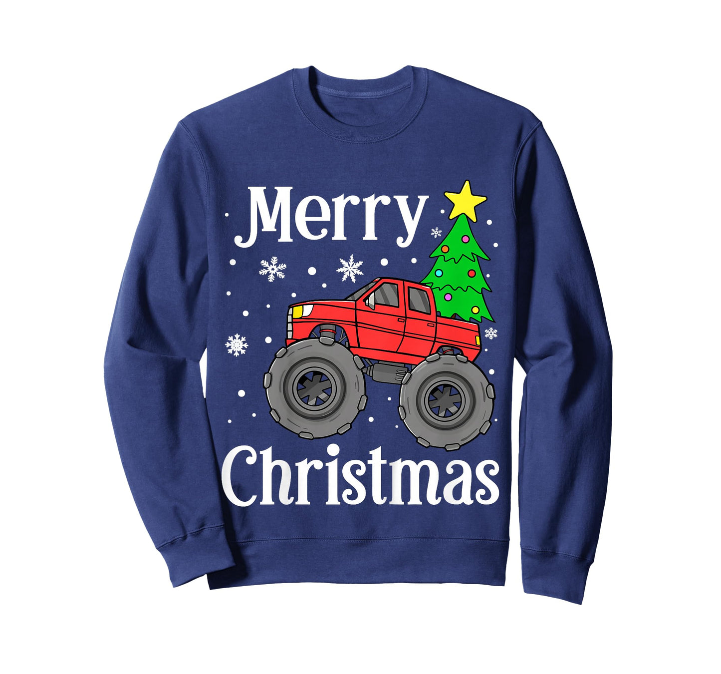 Kids Boys Monster Truck Merry Christmas Tree Snowflakes Toddler T-Shirt