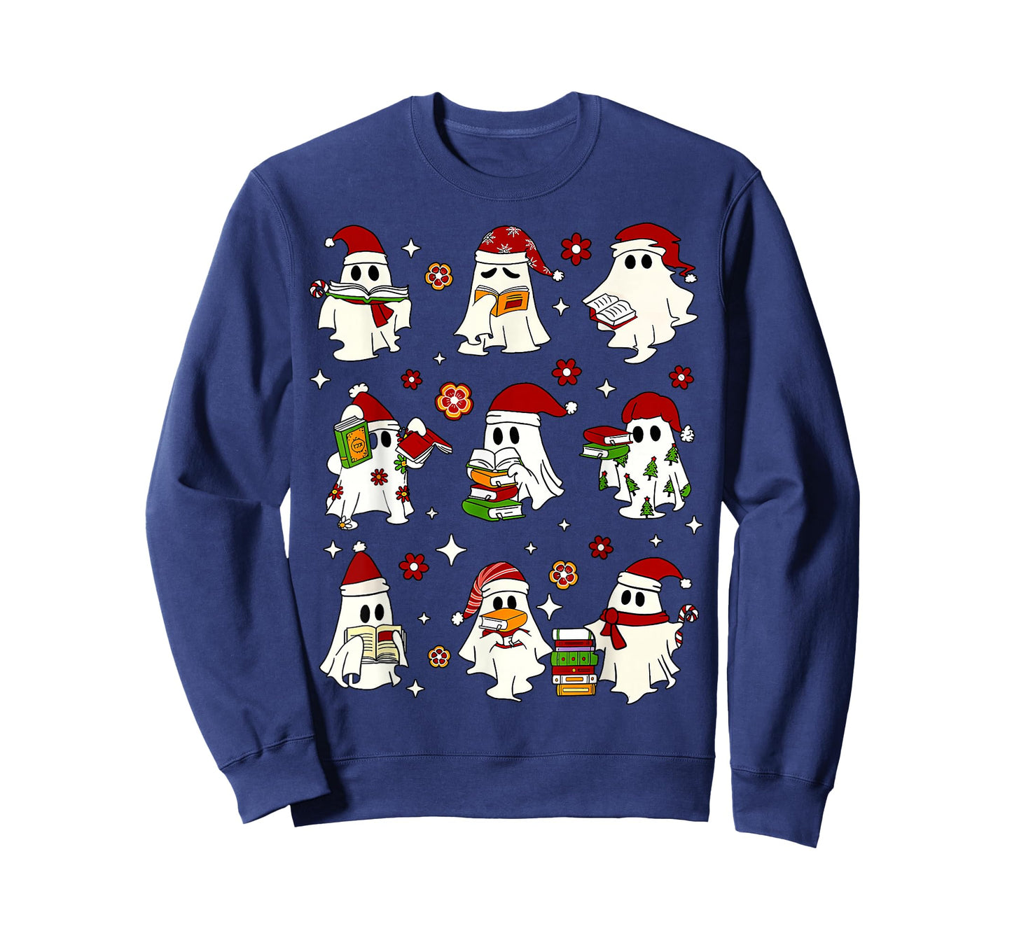 Funny Santa Ghost Reading Books Christmas Library Teacher T-Shirt