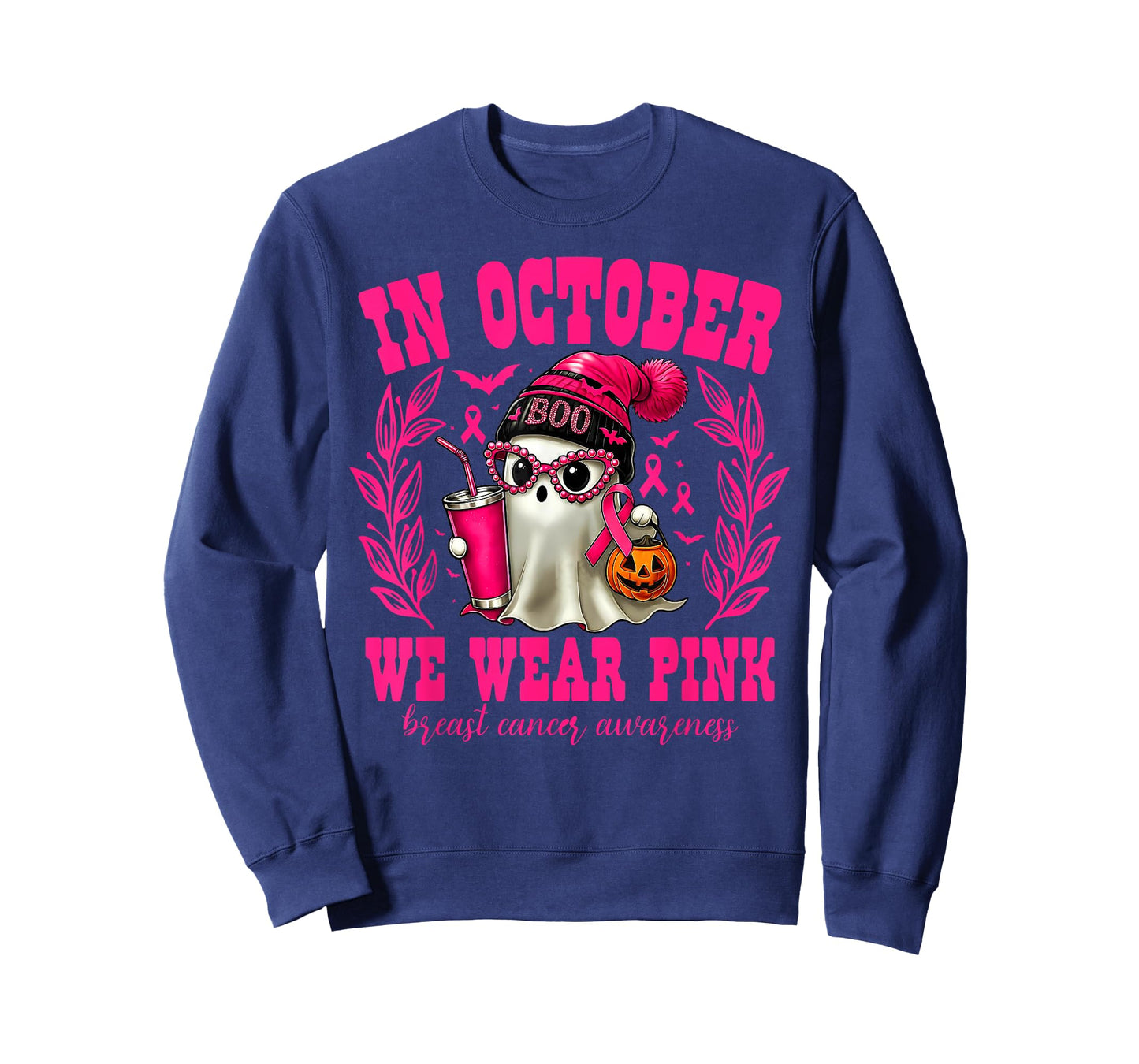 in October We Wear Pink Ghost Beanie Halloween Breast Cancer T-Shirt