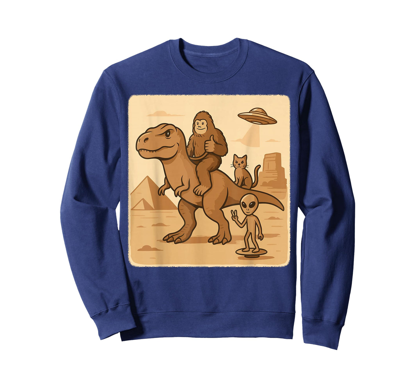 Bigfoot Riding T Rex with Alien Cat UFO Desert Scene T-Shirt
