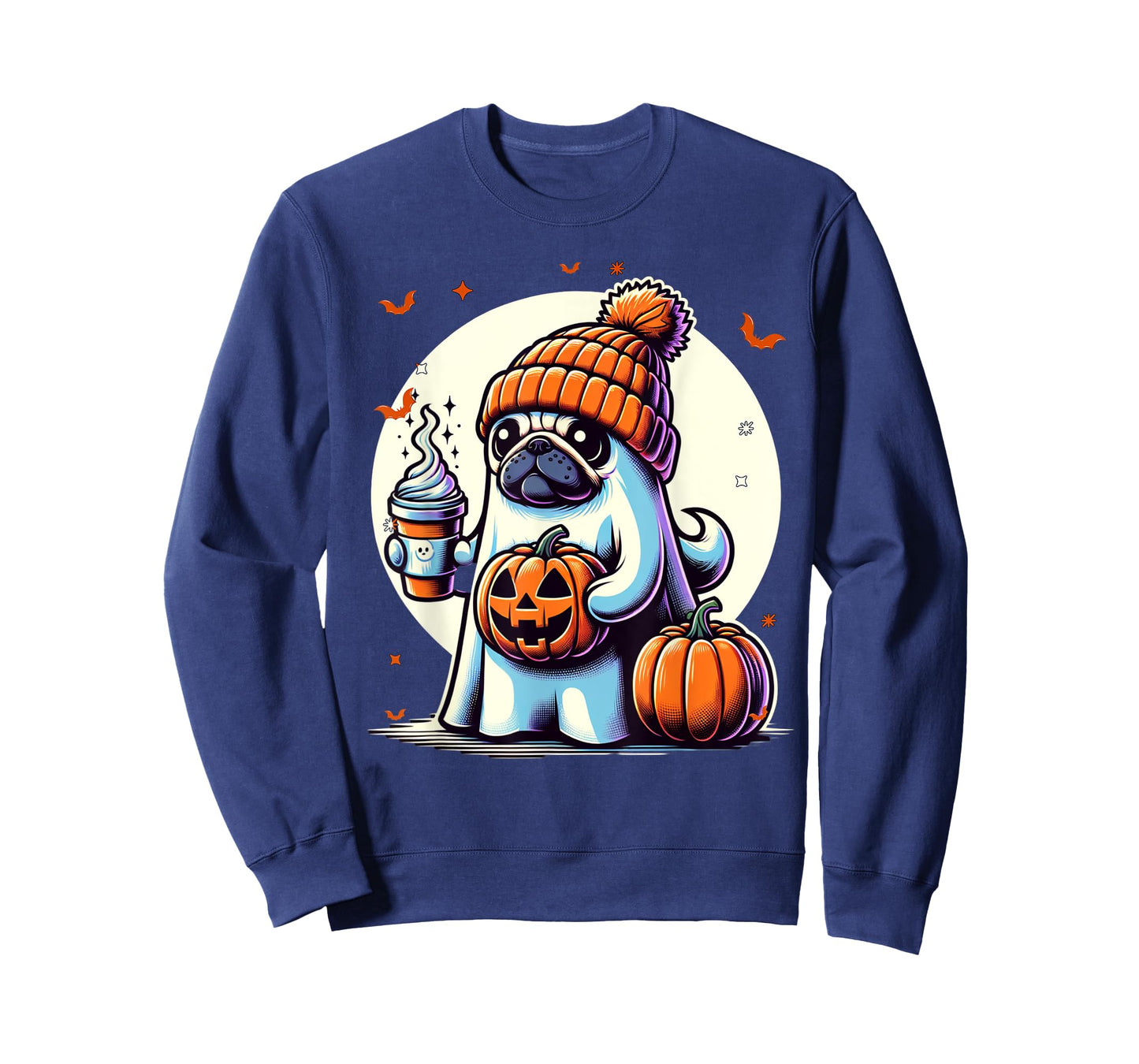 Ghost Pug Pumpkin Drinks Beanie Fall Halloween T-Shirt