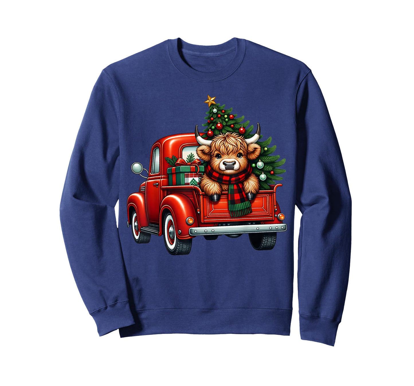 Merry Christmas Highland Cow Santa Hat Red Truck Xmas Tree T-Shirt