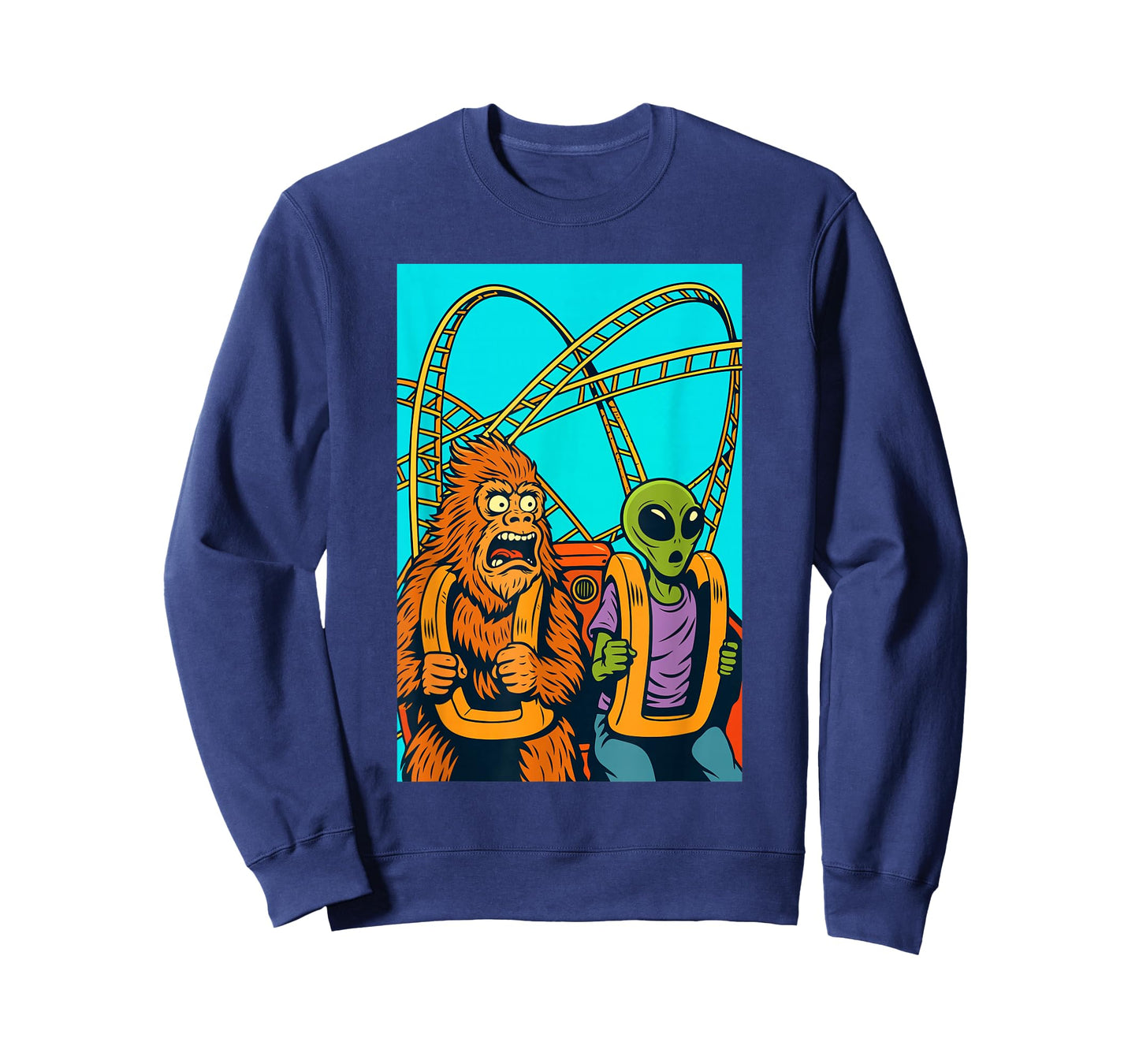 Bigfoot and Alien Riding Roller Coaster Amusement Theme Park T-Shirt