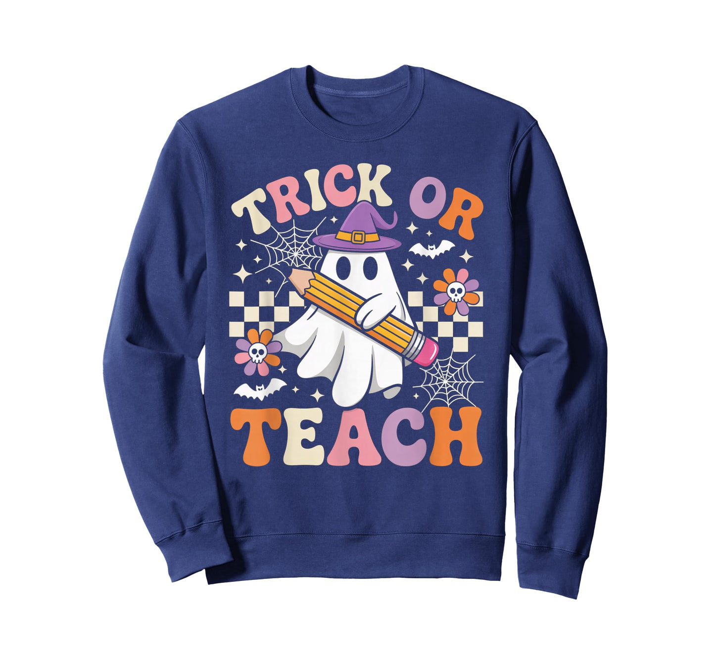 Trick Or Teach Groovy Teacher Halloween Retro Ghost Gifts T-Shirt