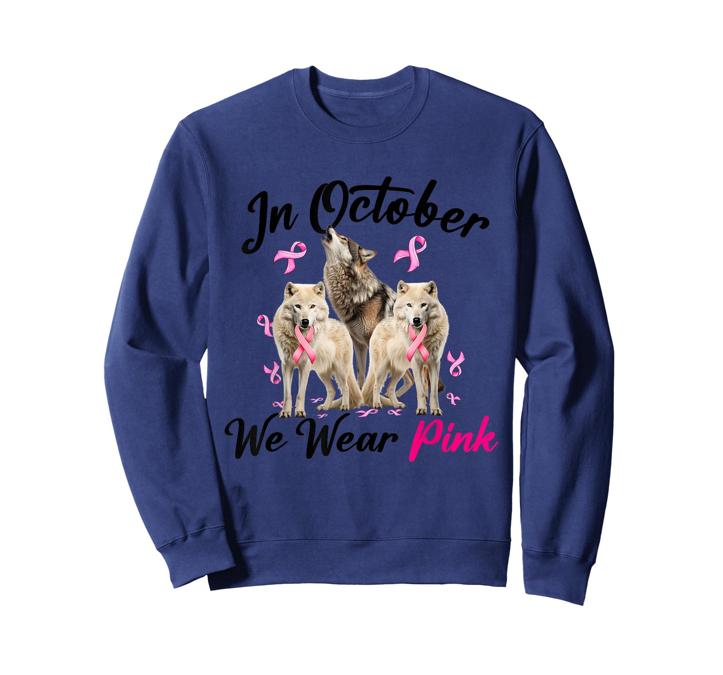 Breast Cancer Three Wolves in October We Wear Pink Ribbon T-Shirt
