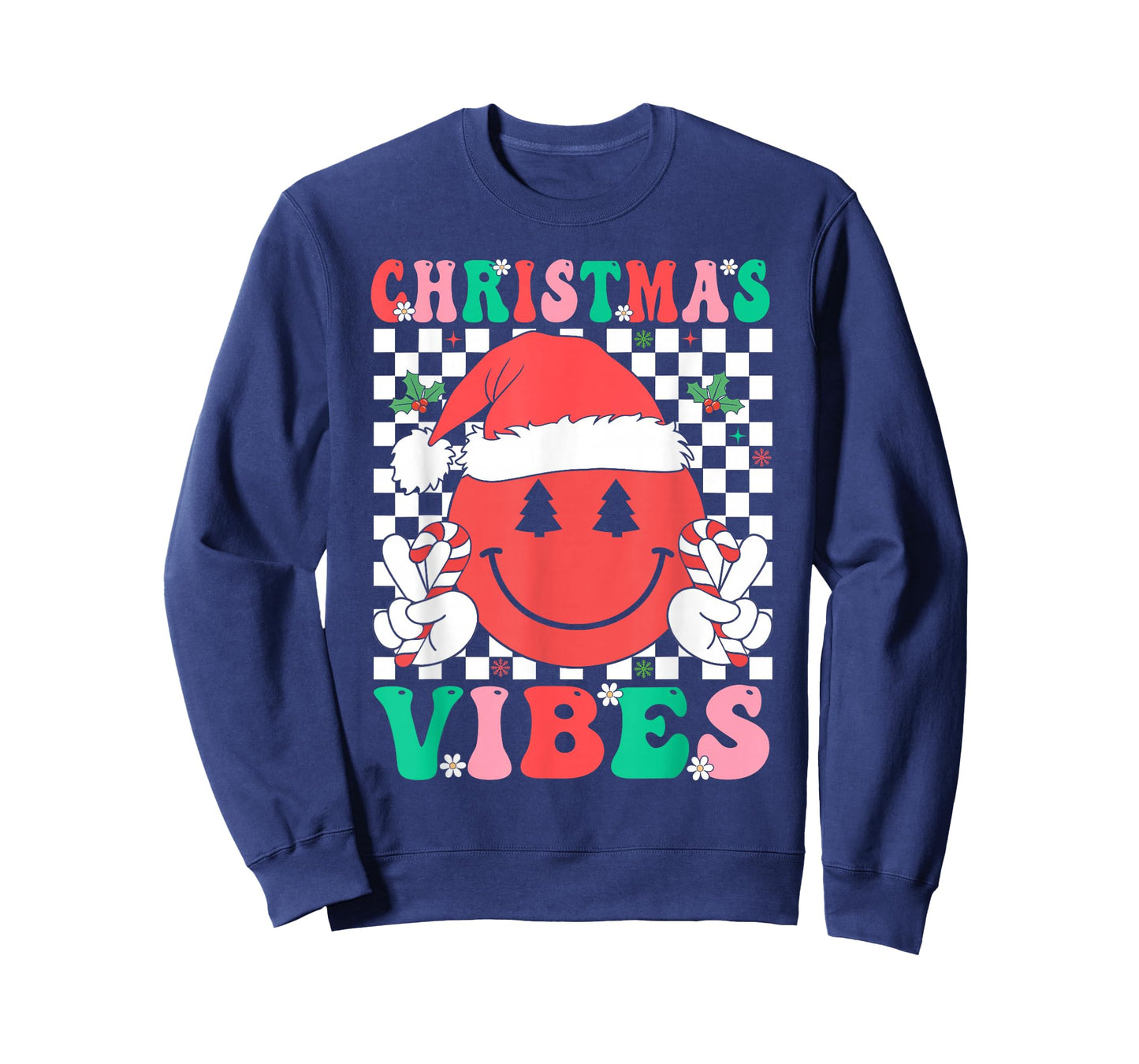 Groovy Christmas Vibes Smile Face Santa Hat Xmas Girls Women T-Shirt