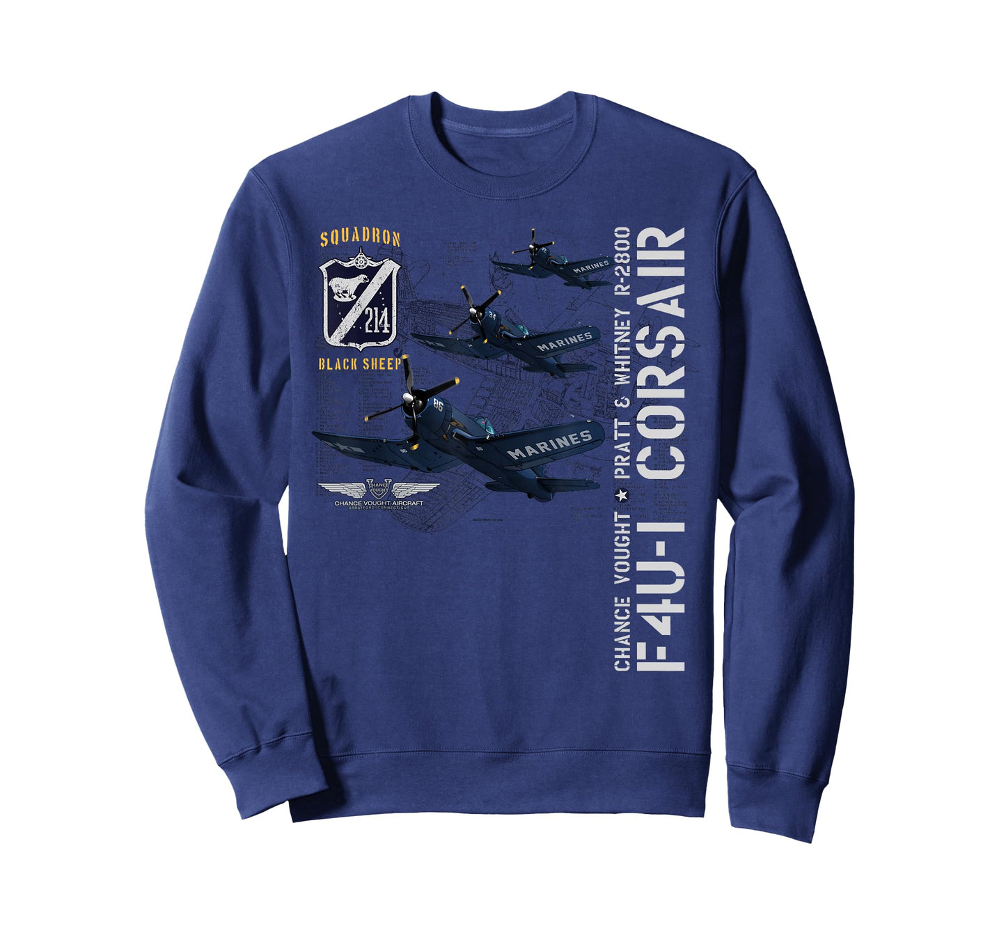 WWII AVIATION APPAREL F4U-1 CORSAIR (214) T-Shirt - Unisex-Adults and Kids - Blue - Small