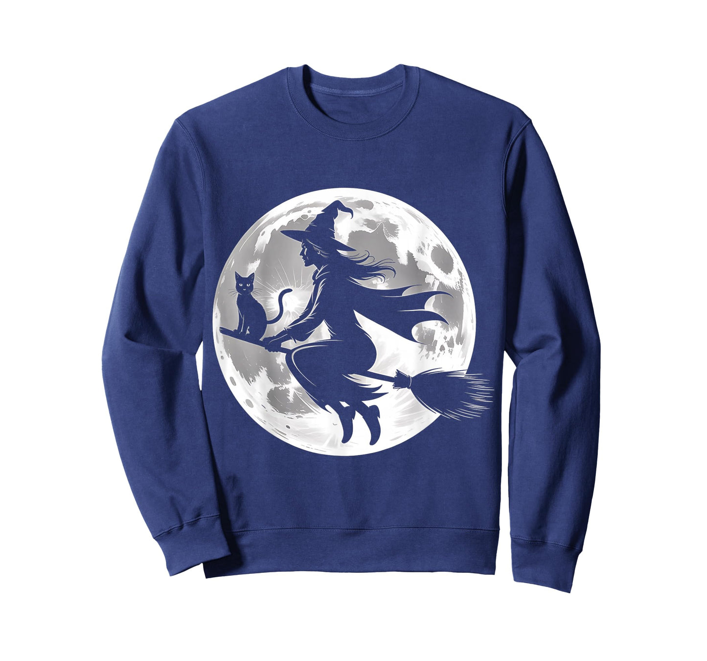 Flying Witch On Broomstick Halloween Full Moon Black Cat T-Shirt