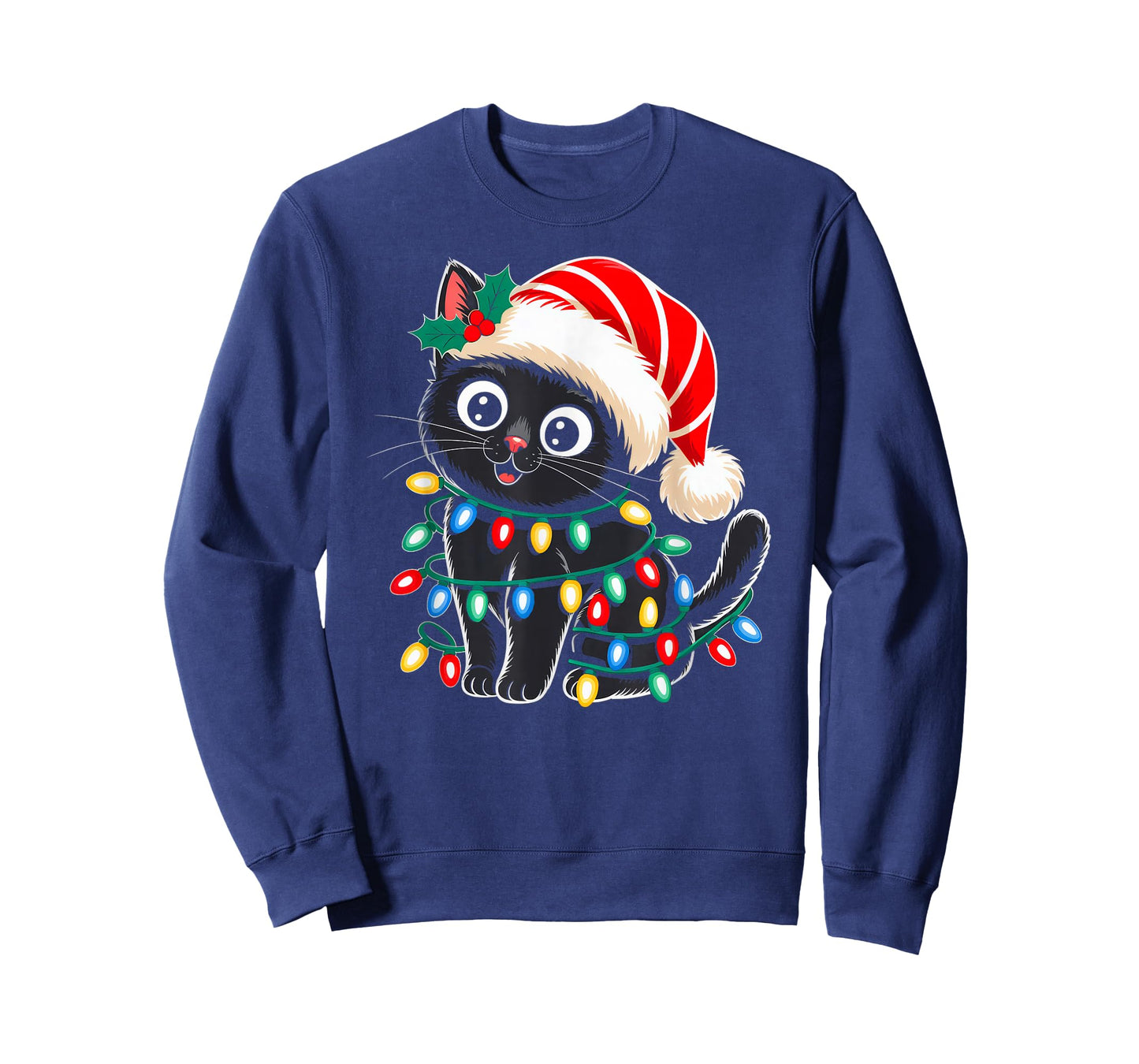 Black Cat Christmas Lights Santa Hat Xmas Pajamas Cat Lover T-Shirt