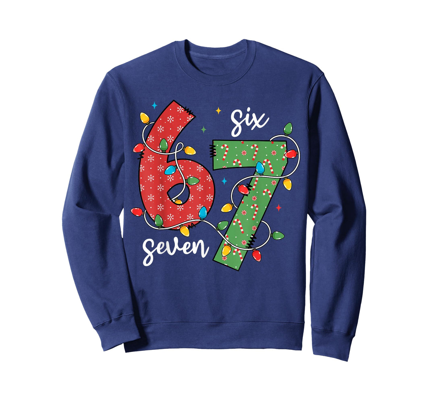 6 7 Six Seven Meme Xmas Lights Candy Cane Christmas Holiday T-Shirt