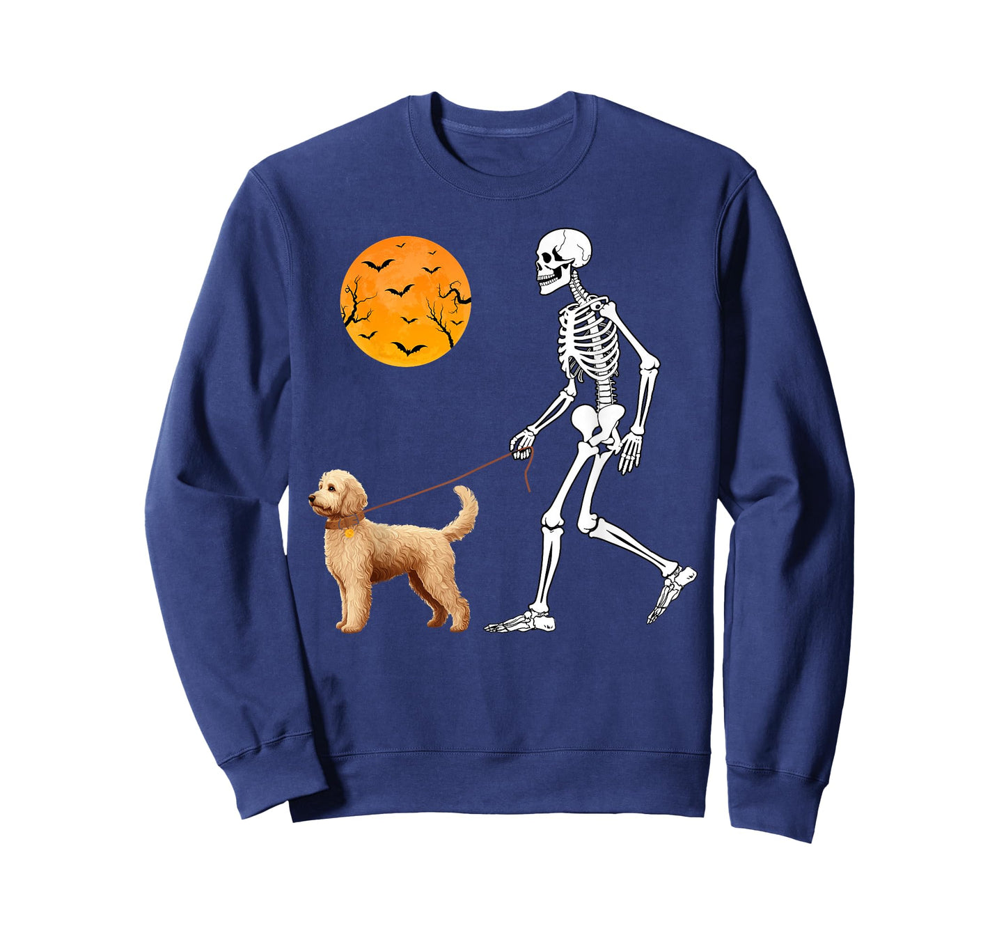 Funny Skeleton Walking With Goldendoodle Dog Happy Halloween T-Shirt