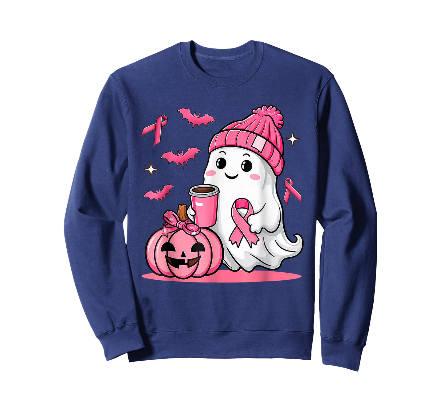 Cute Ghost Drinking Coffee Halloween Breast Cancer Awareness T-Shirt