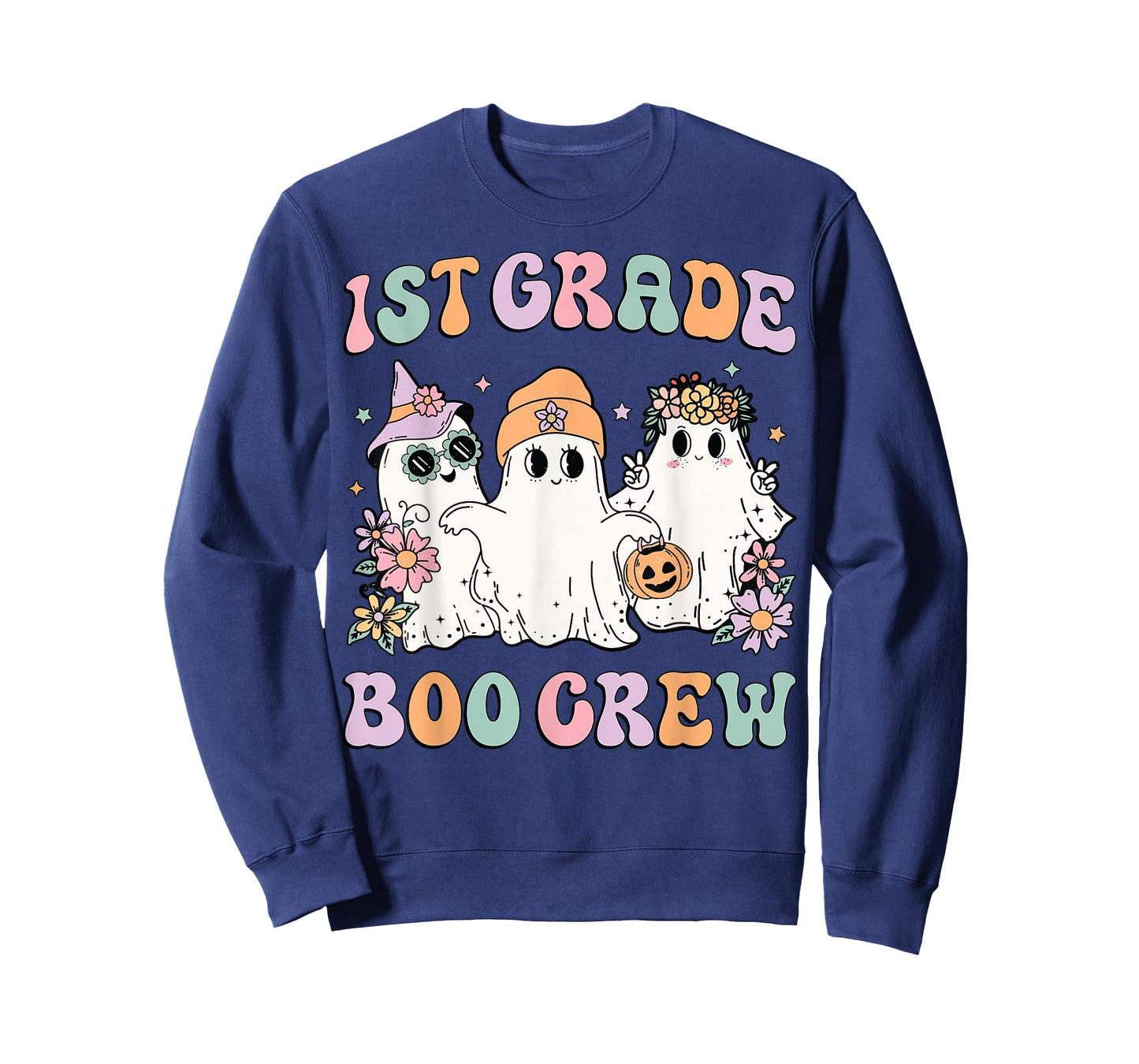 1st Grade Boo Crew Groovy Halloween Floral Ghost Kid Teacher T-Shirt