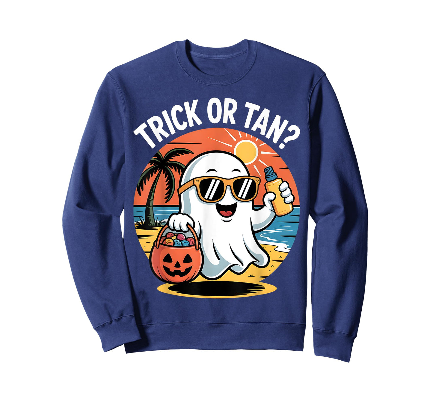Trick or Tan Funny Halloween Cute Ghost Beach Summer Costume T-Shirt