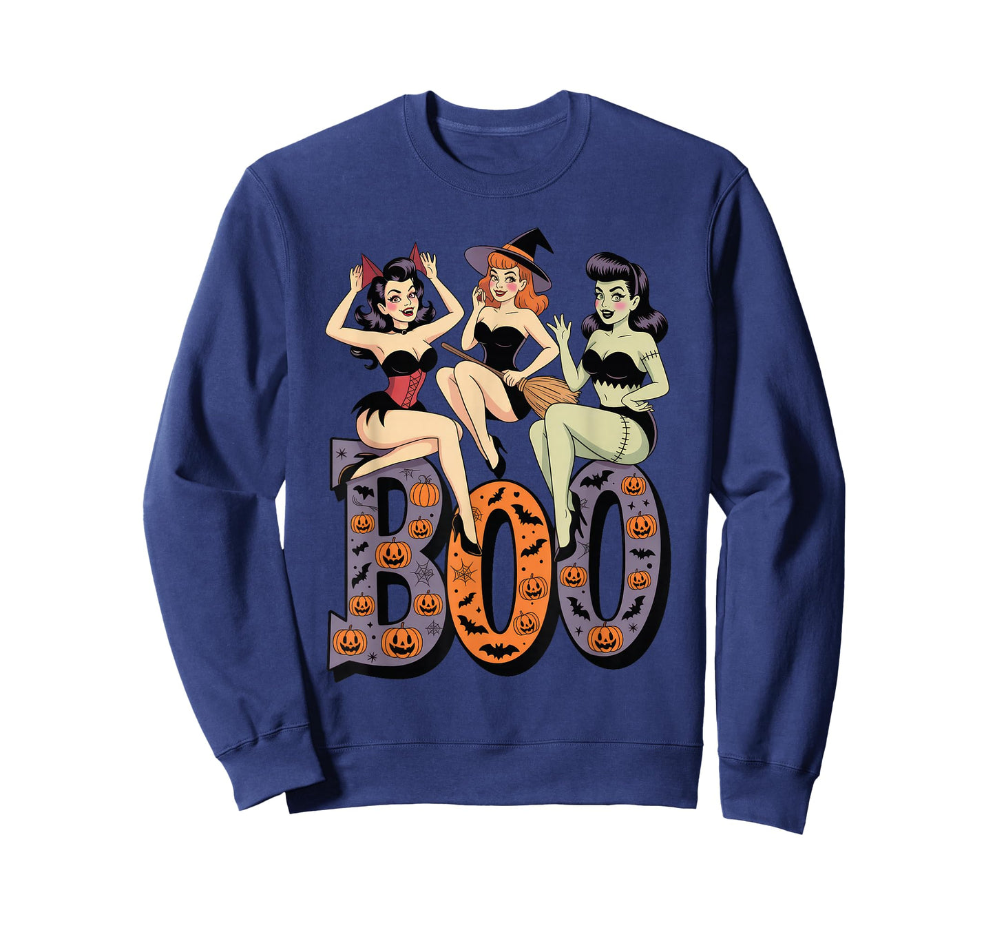 Vintage Halloween Pinup Trio Retro Boo Witches Devil Monster T-Shirt