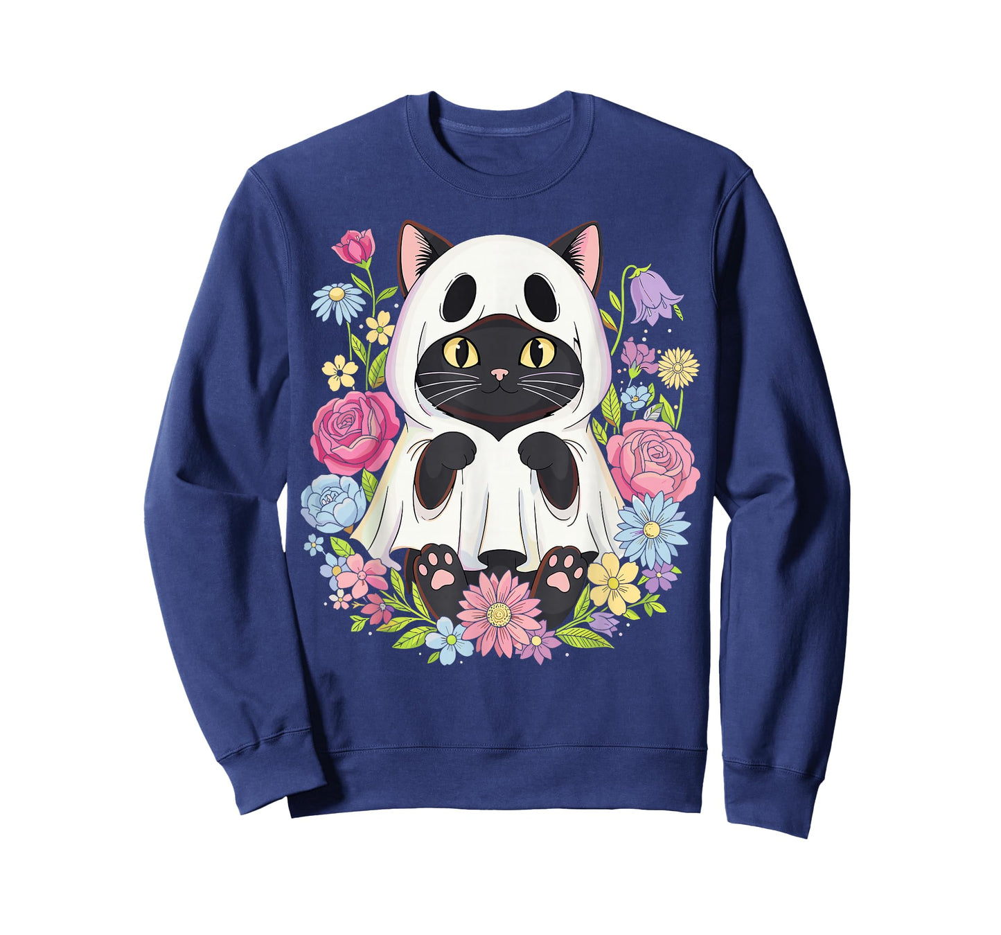 Halloween Black Cat Ghost Costume Flowers T-Shirt