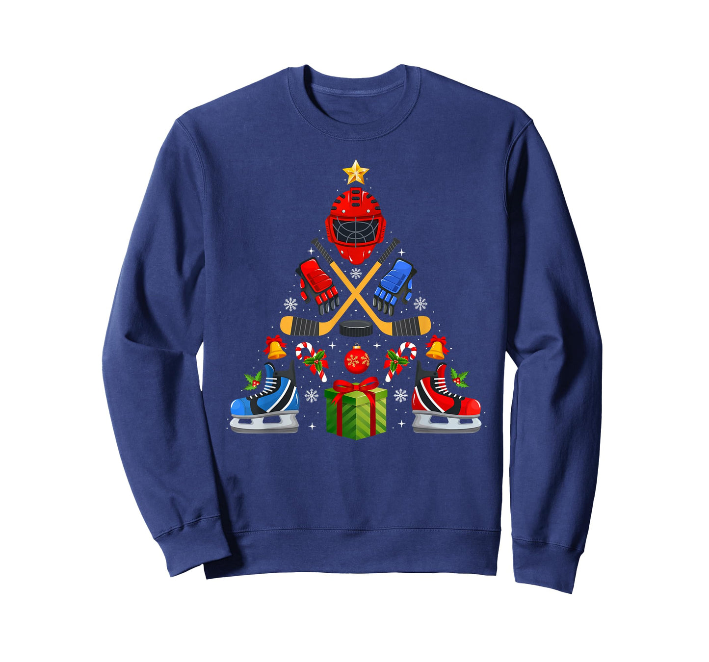 Ice Hockey Christmas Tree Lights Red Santa Hat Xmas Pajamas T-Shirt