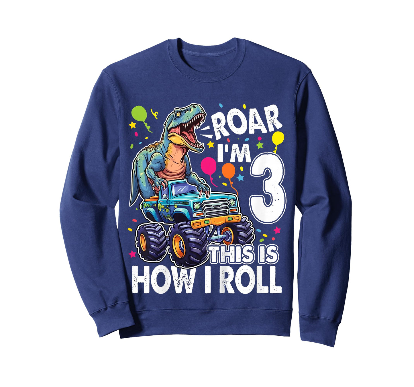 Kids Dinosaur Monster Truck 3rd Birthday Party Roar I'm 3 Boys T-Shirt