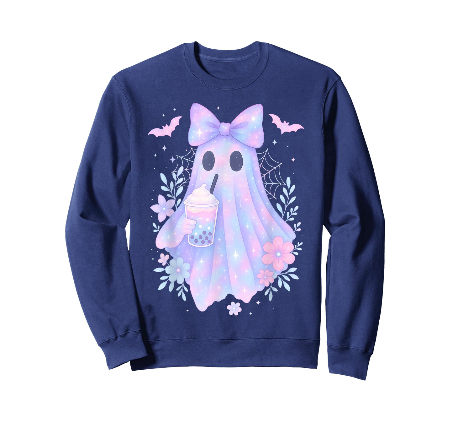 Kawaii Pastel Galaxy Ghost Bubble Tea Halloween Coquette Bow T-Shirt