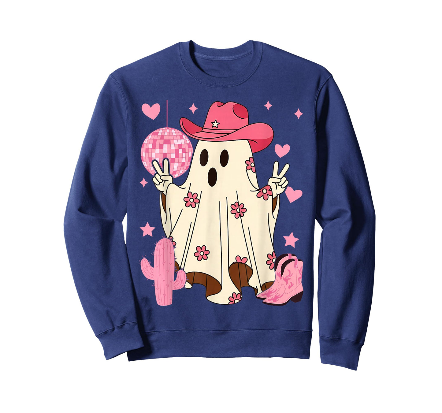 Retro Western Halloween Cowboy Cowgirl Ghost Boo Pink Floral T-Shirt